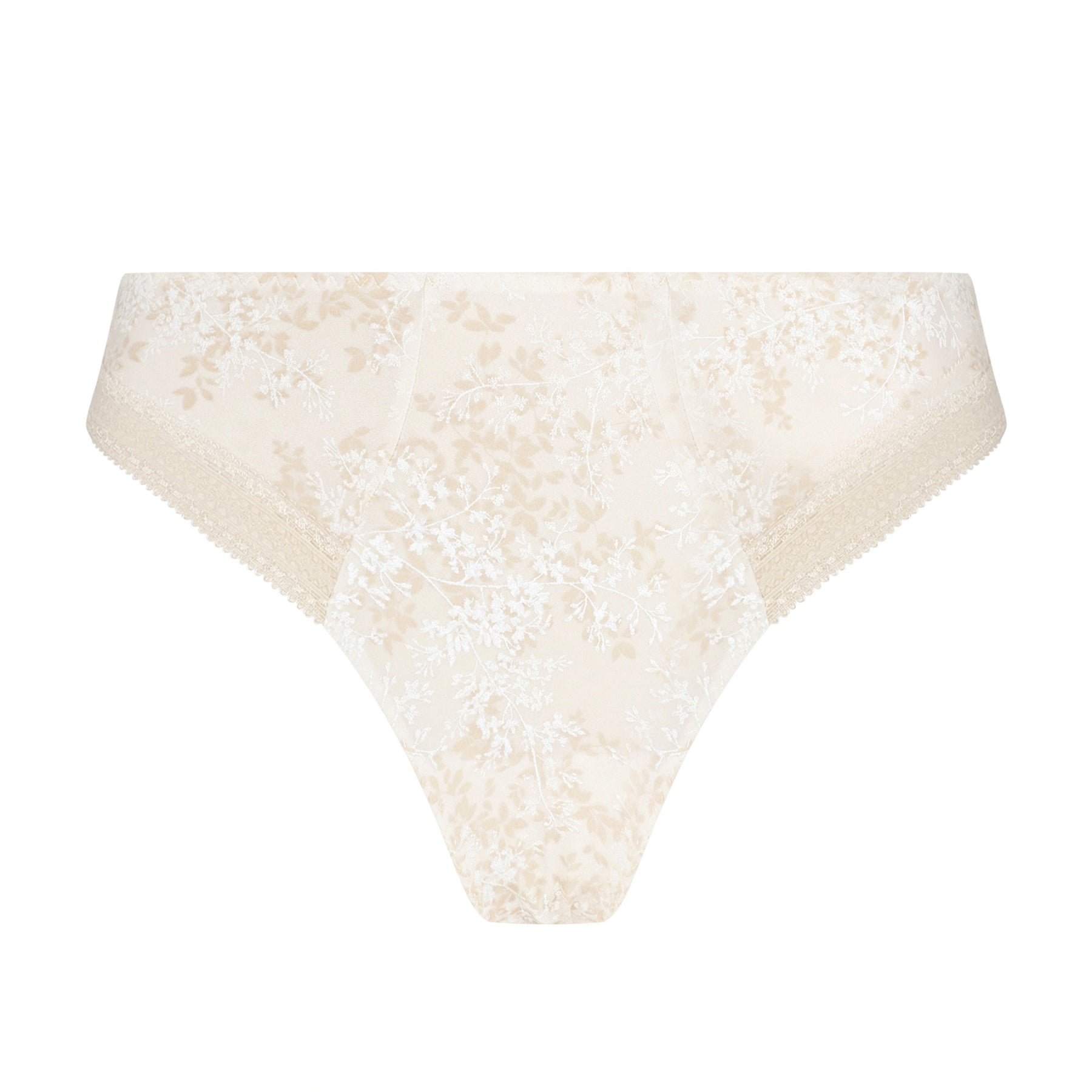 Antigel floral print brief in ivory and beige featuring a soft botanical print and elegant lace-trimmed sides.