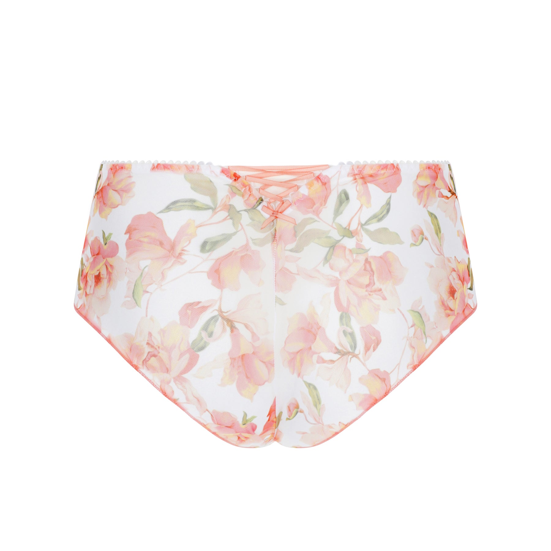 Back view of floral shorty briefs in sheer mesh with peach blossom print and smooth stretch finish