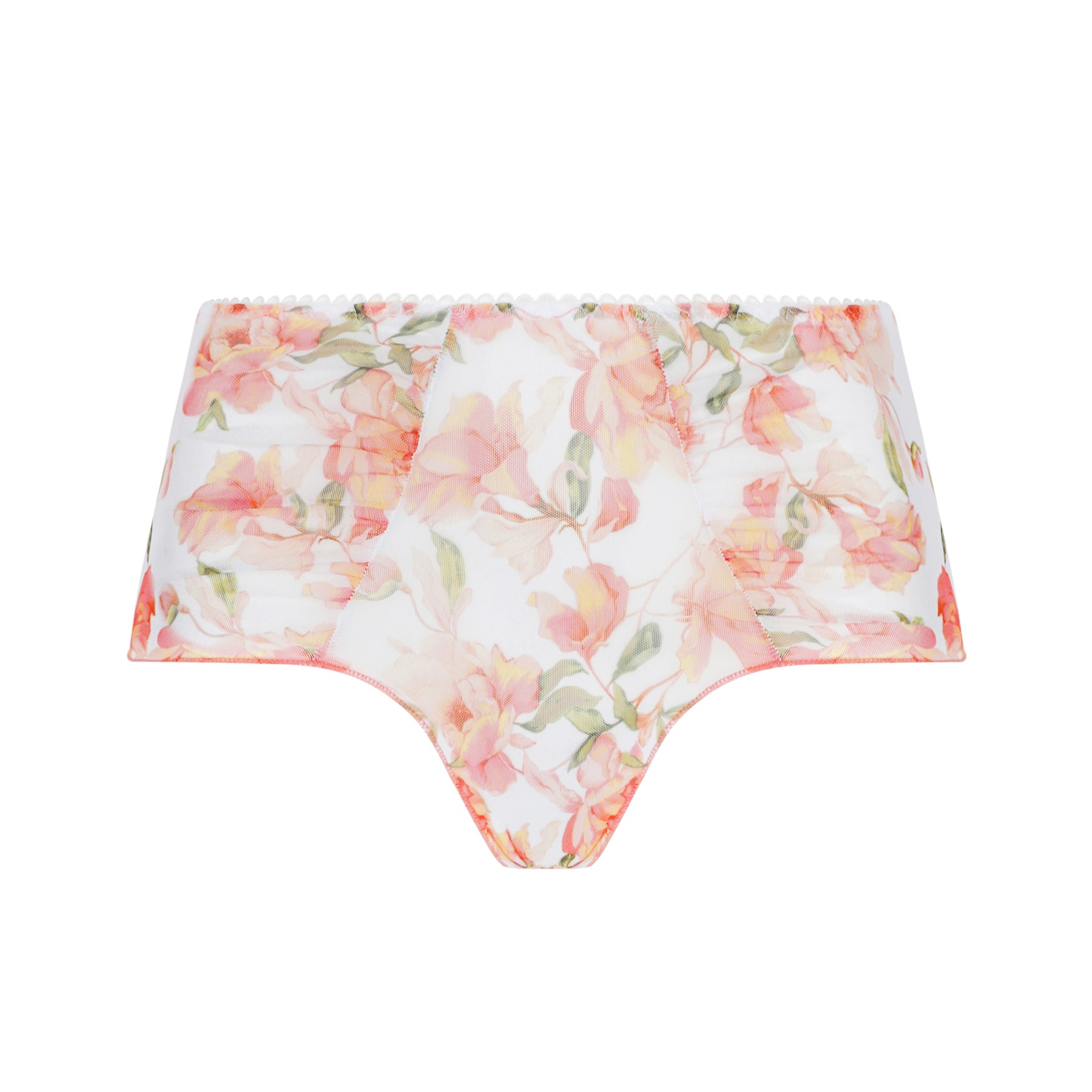 Front view of floral shorty briefs with sheer mesh panels, soft peach tones and scalloped edging
