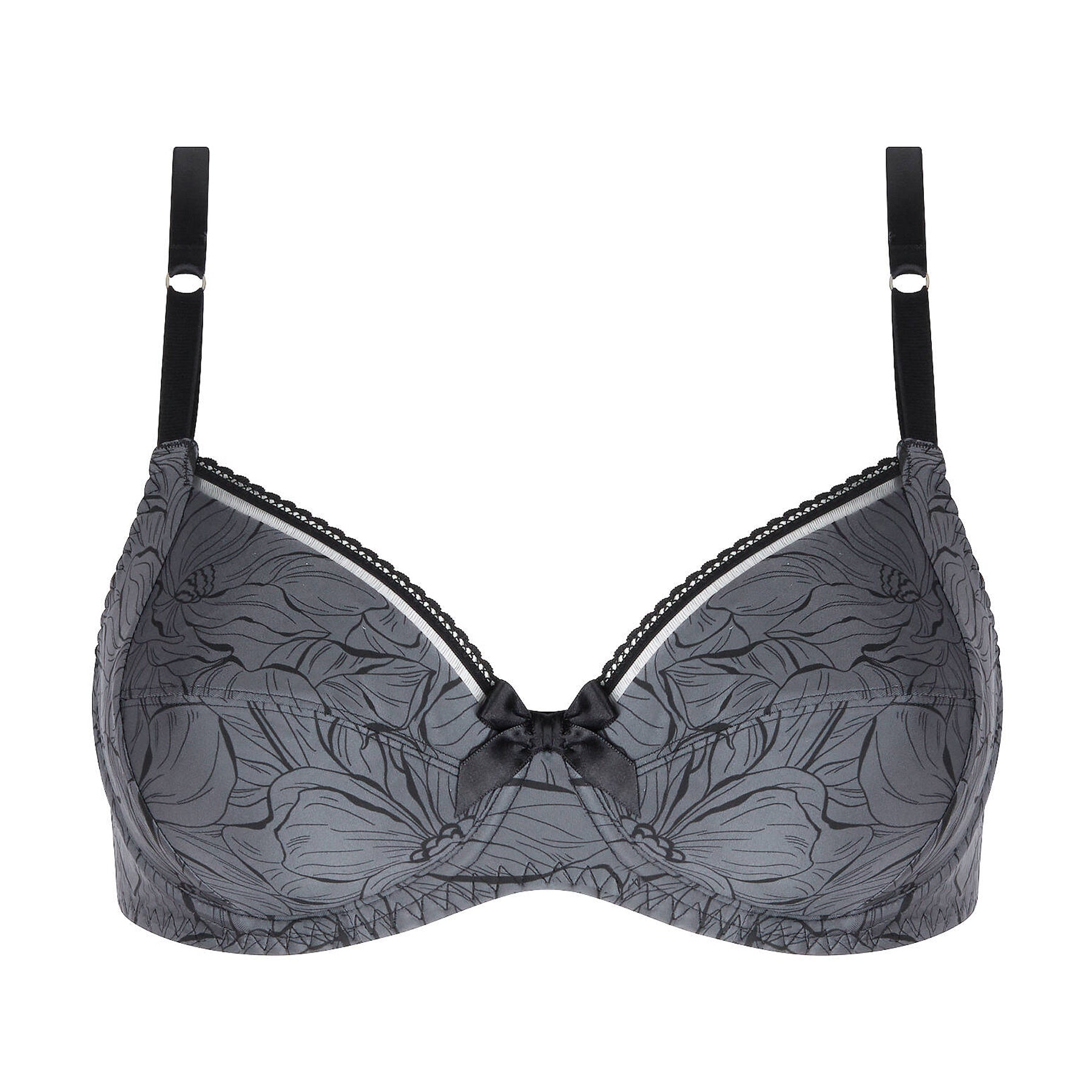 Gray floral-patterned bra on a white background