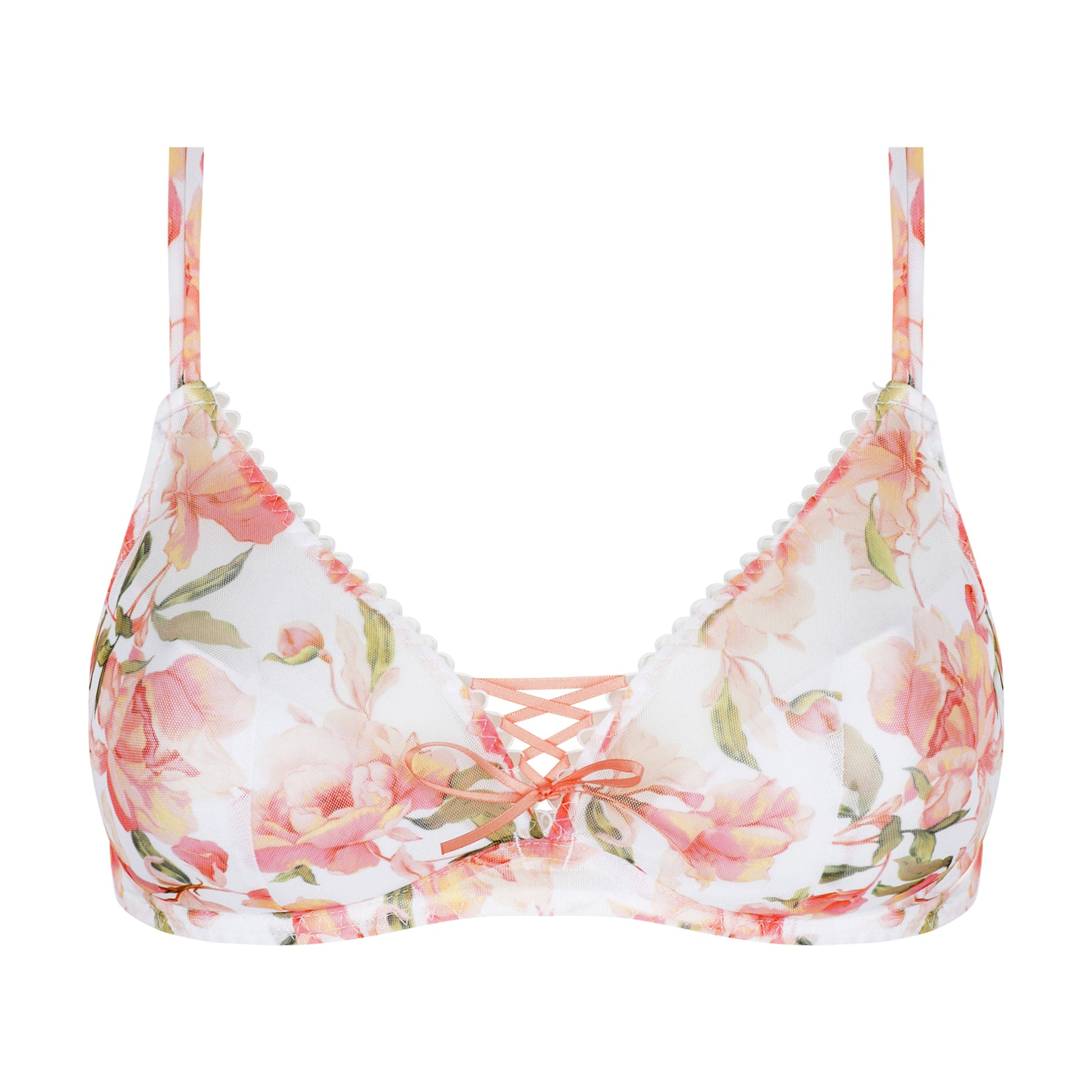 Front view of floral underwire bra with sheer mesh cups, scalloped edging and lace-up detail at centre front