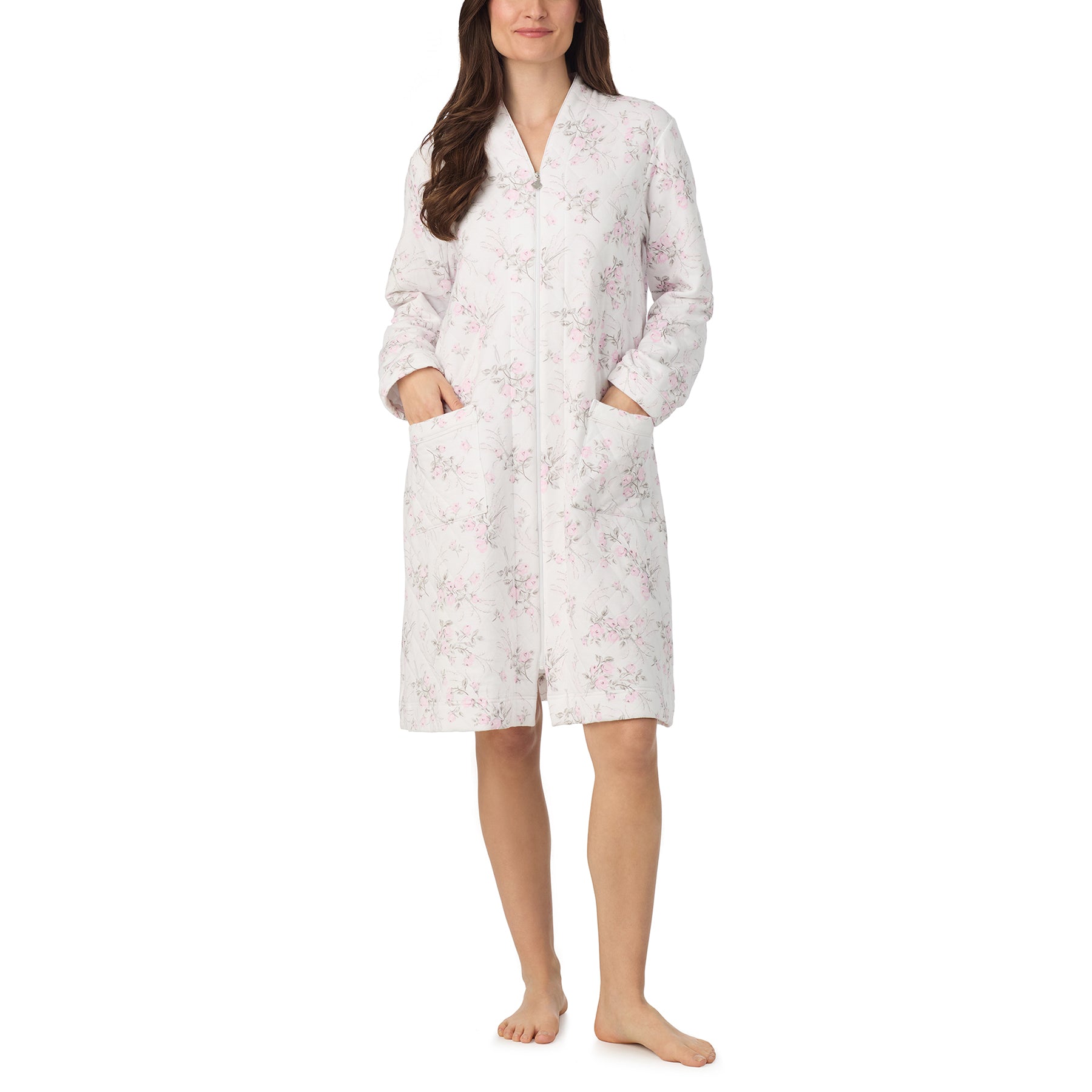 Woman modeling Eileen West pink rose print quilted robe with long sleeves and two front pockets