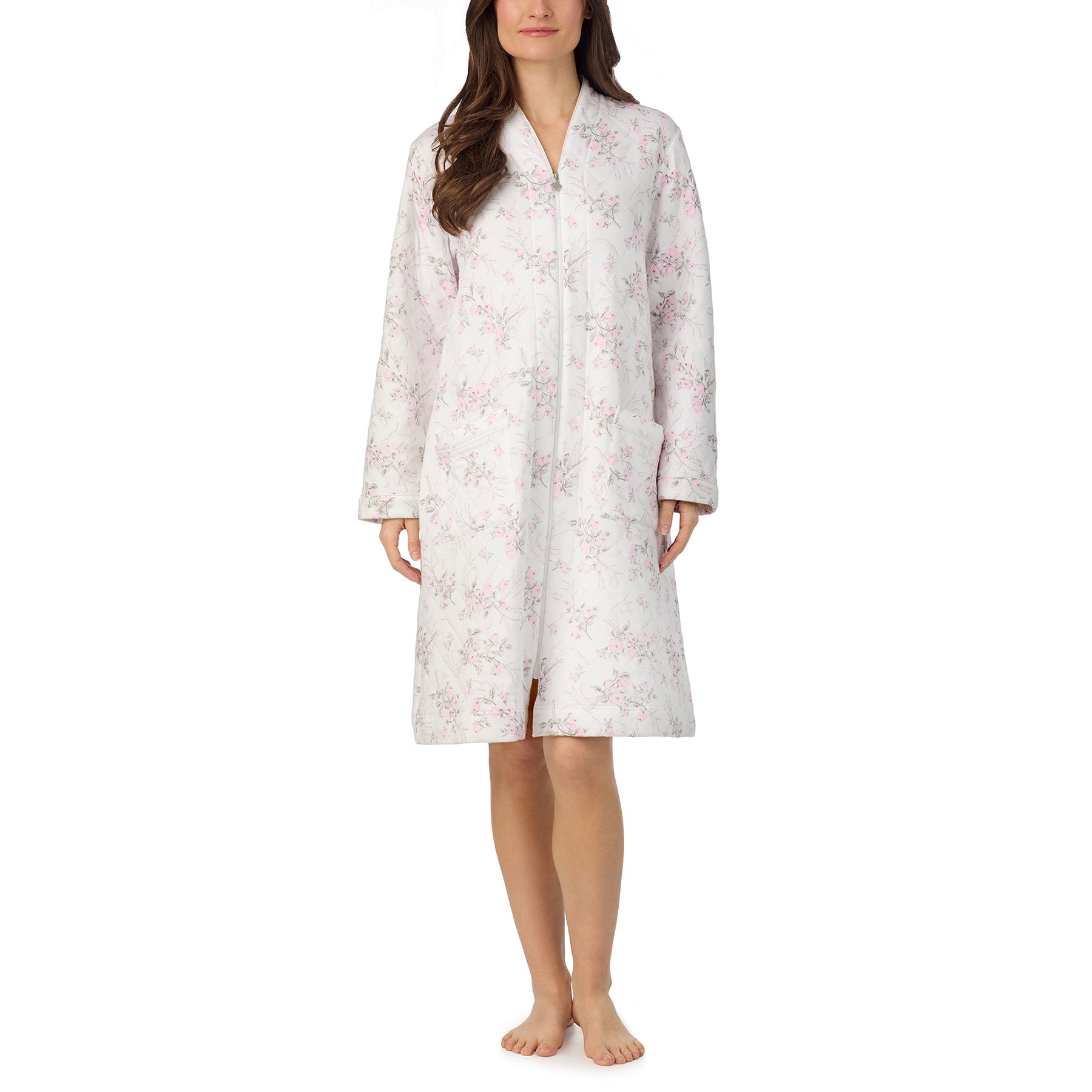 Front view of full-length Eileen West long sleeve quilted robe with zip closure and delicate floral pattern