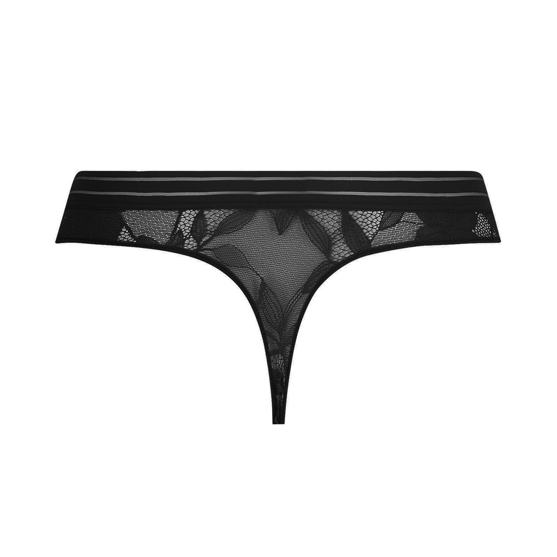 Black lace thong with sheer floral pattern and striped waistband – front view.