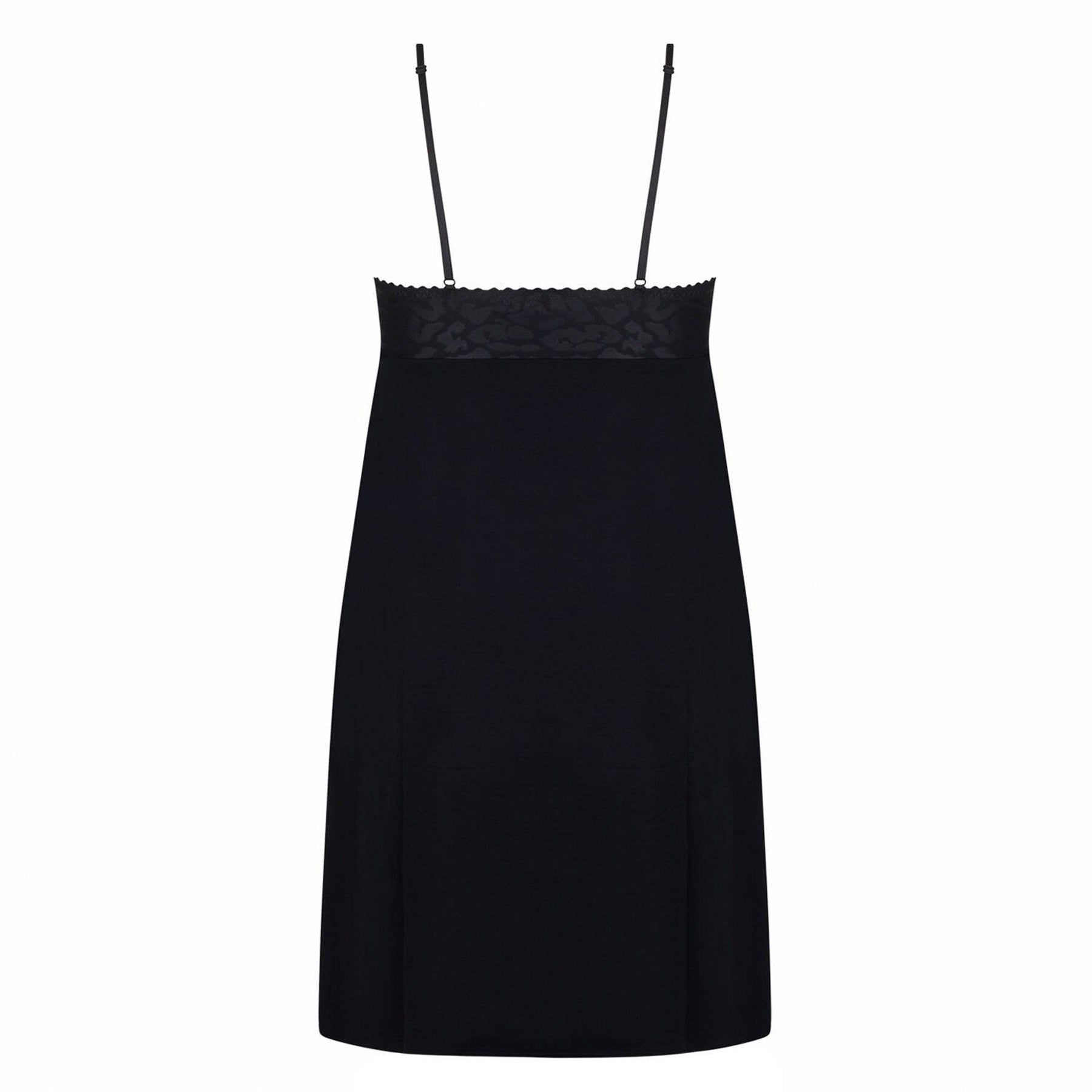 Back view of black Antigel chemise featuring smooth jersey fabric and lace band detail.
