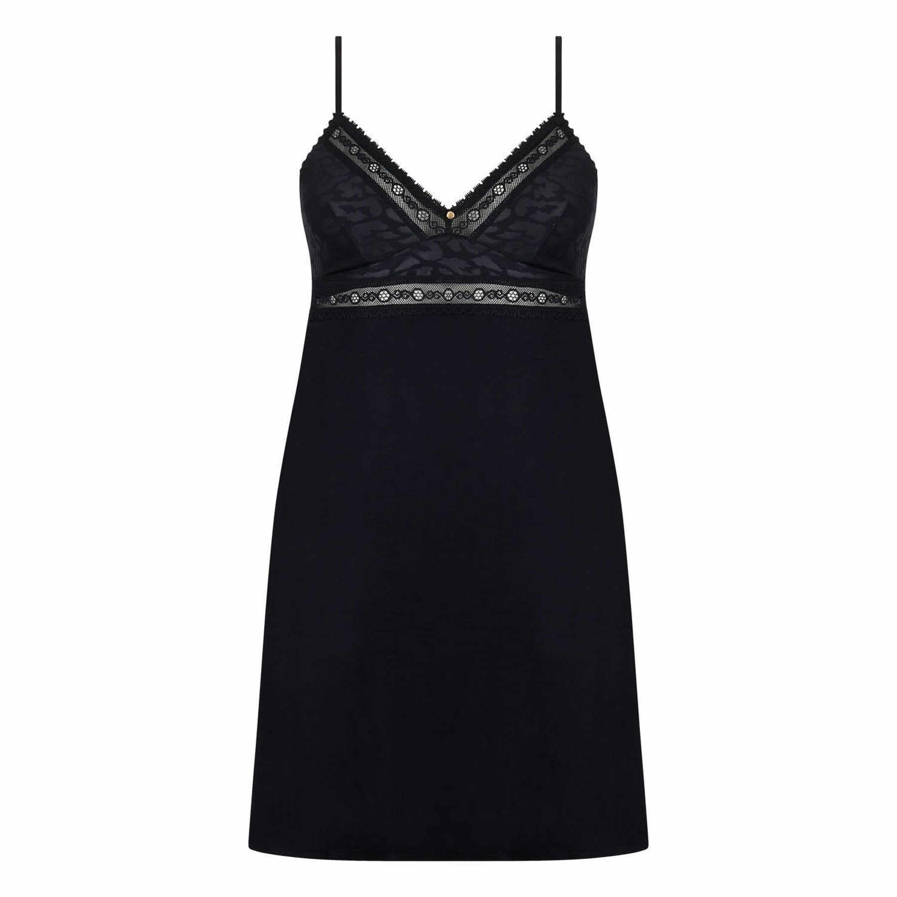 Front view of black Antigel chemise with lace neckline, underbust trim, and soft flowing silhouette.