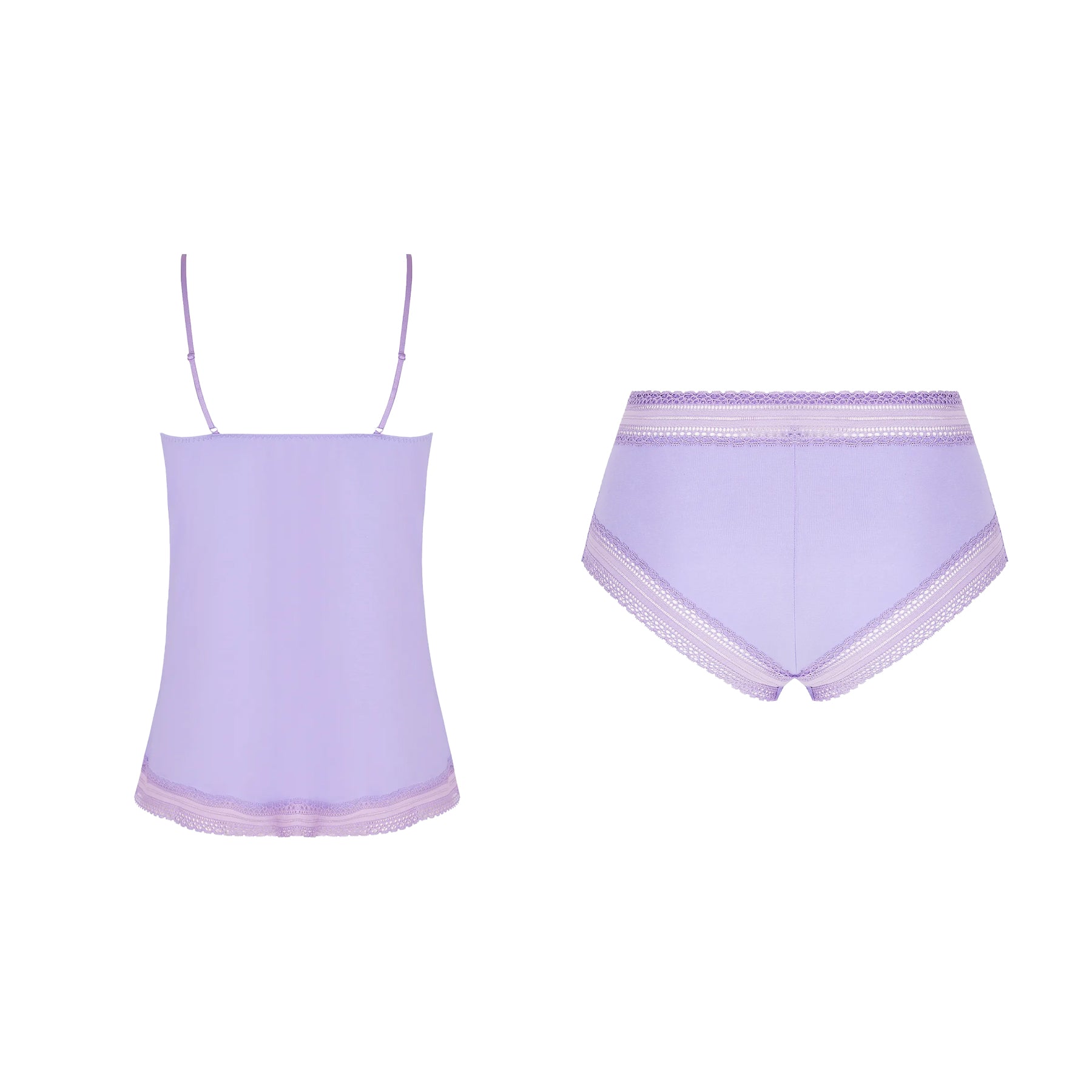 A rear view of a lilac camisole and matching high-waisted panty set, displayed on a white background, showing lace details on the hem and waistband.