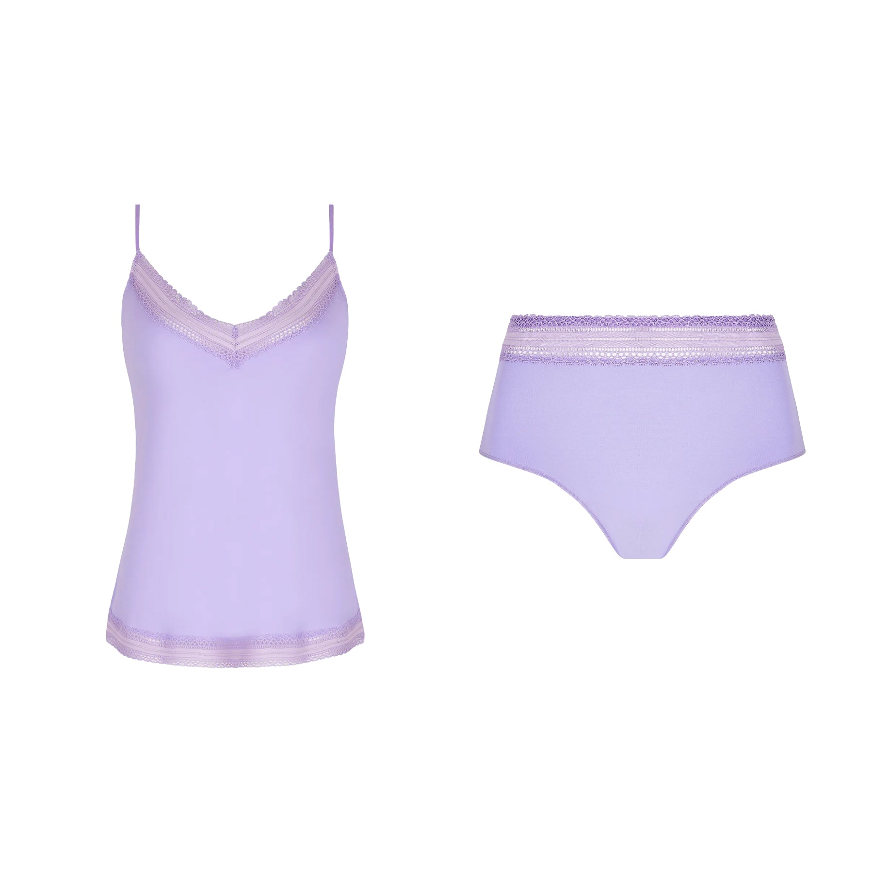 A front view of a lilac camisole and panty set, featuring intricate lace trim along the neckline, hem, and waistband for a feminine touch.