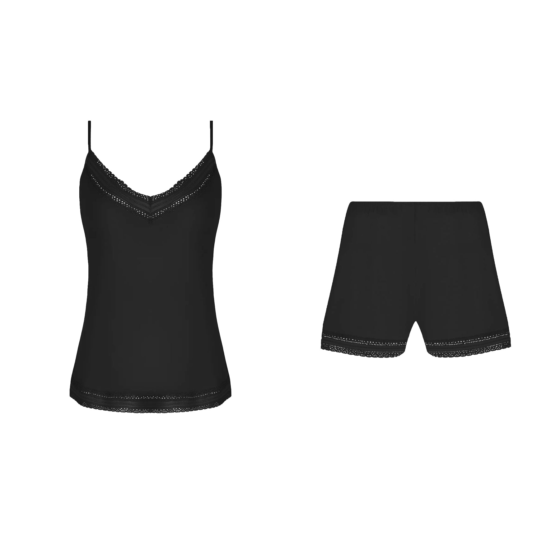 A black camisole with lace trim and matching lace-trimmed shorts displayed on a white background, showcasing a sleek and elegant design.