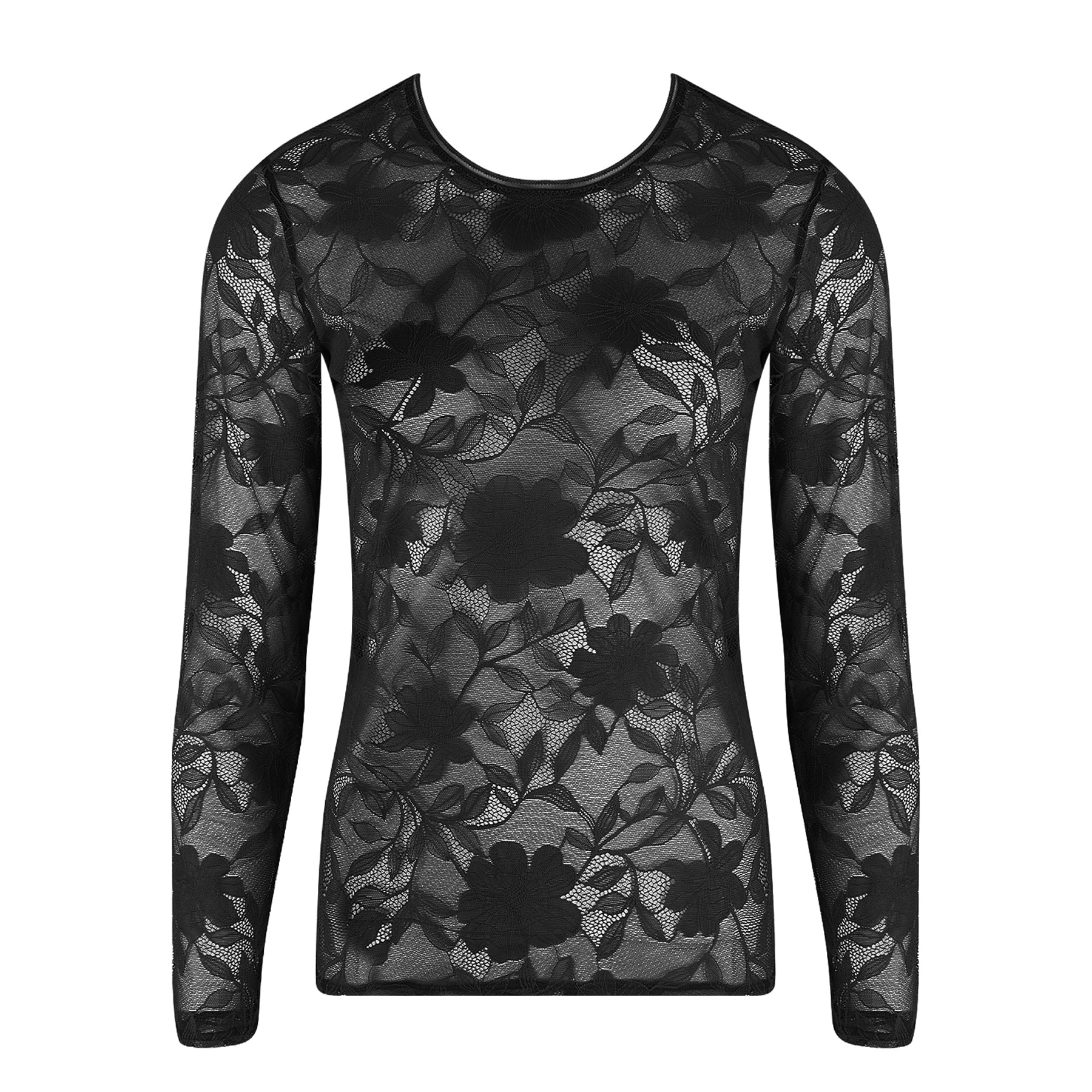 Black floral lace long sleeve top with round neckline and sheer mesh detailing – front view.
