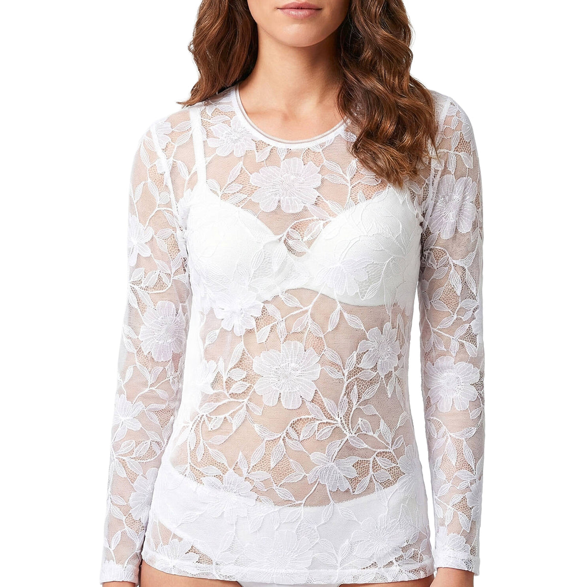 Antigel white floral lace long sleeve top worn over a white bra, front view.