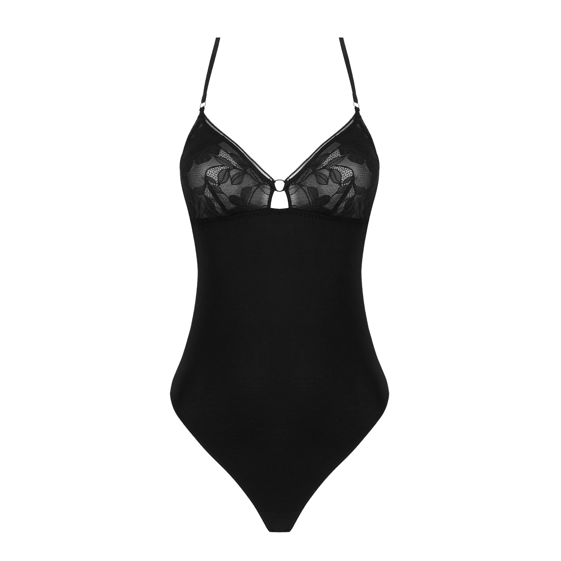 Black bodysuit with sheer lace cups, V-neckline, and smooth body – front view.