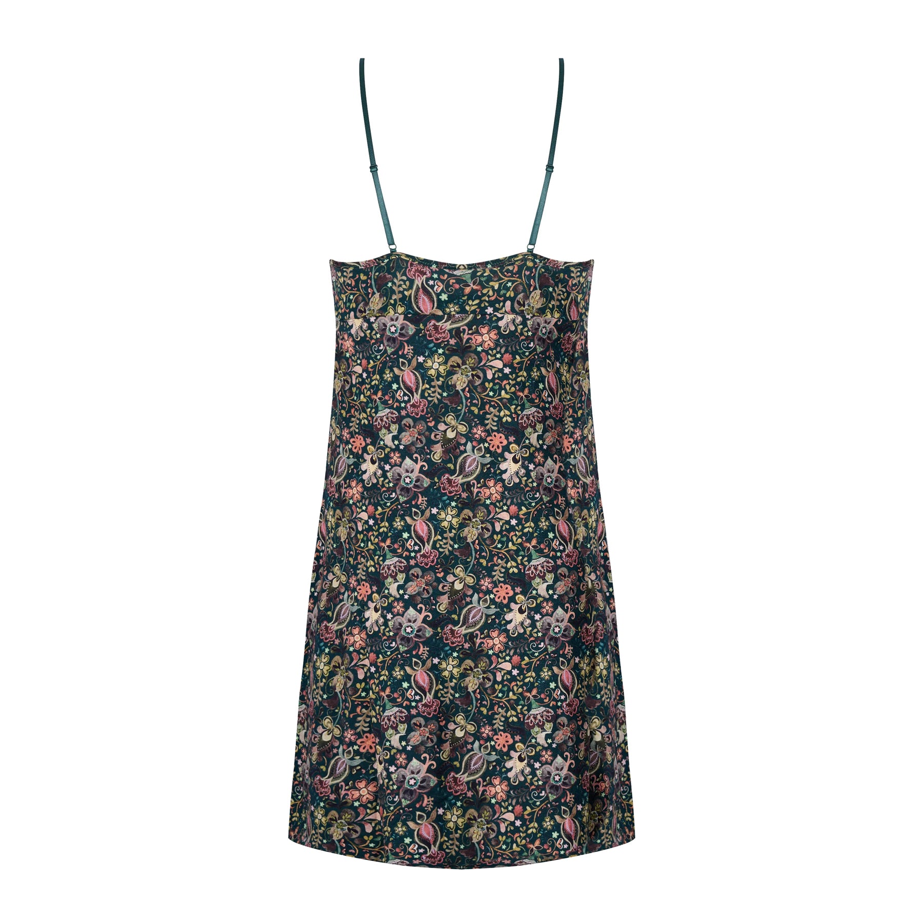 Back view of a dark floral chemise with slim adjustable straps and a softly flowing silhouette.