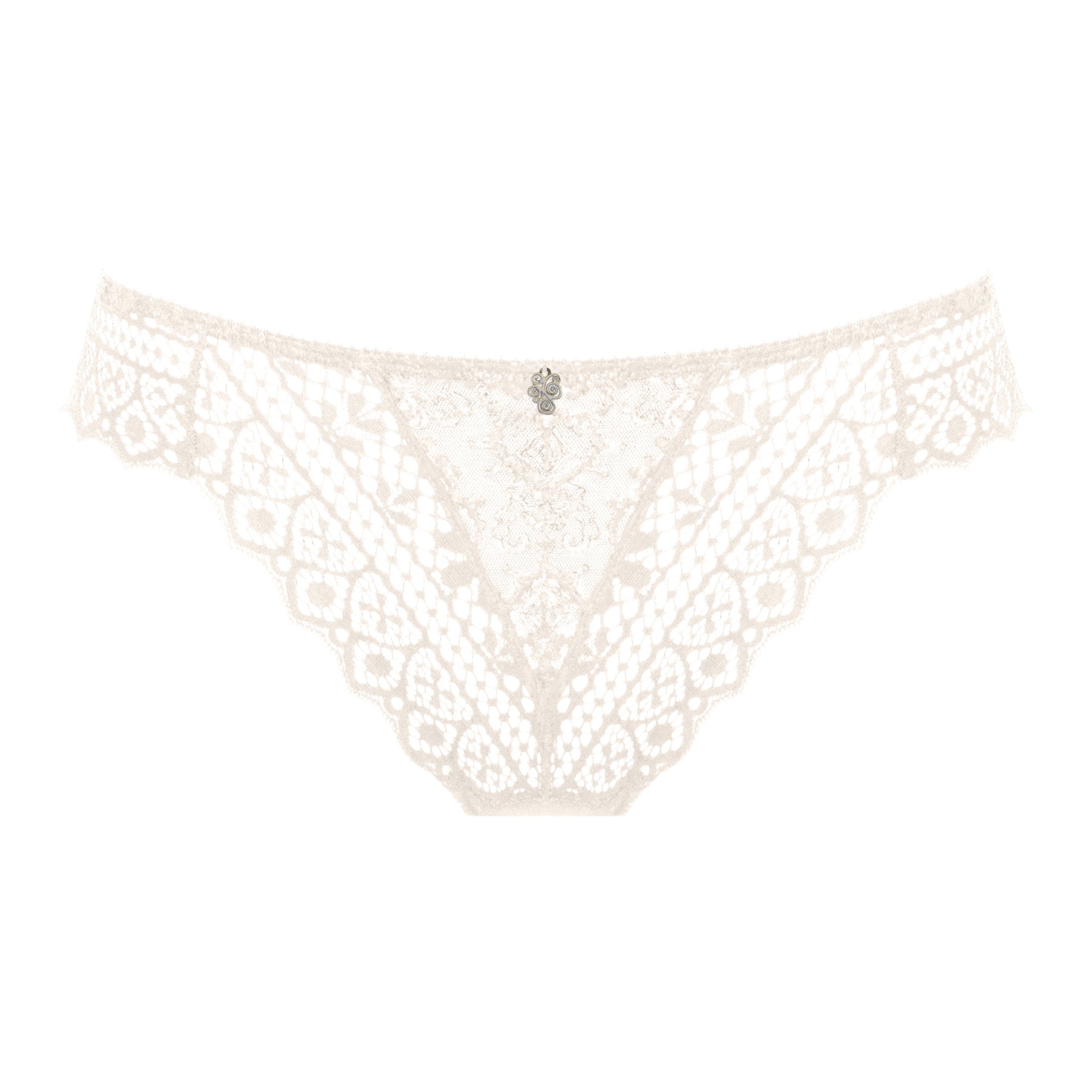 Empreinte Cassiopee thong in Silk colour laid flat, showcasing airy floral lace, sheer centre panel, and refined scalloped edges.