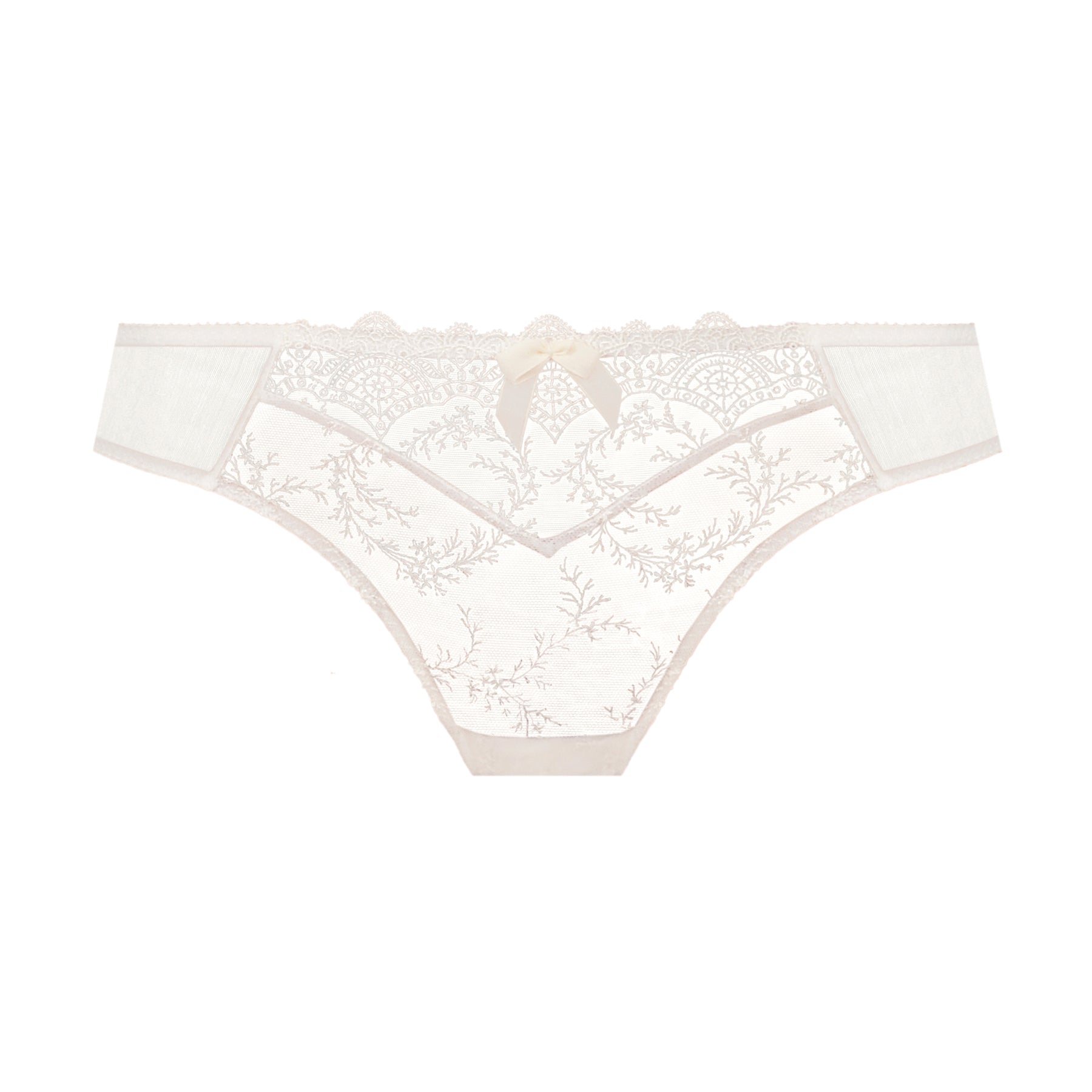 Empreinte louise lace embroidered thong in natural ivory. Front view on model.