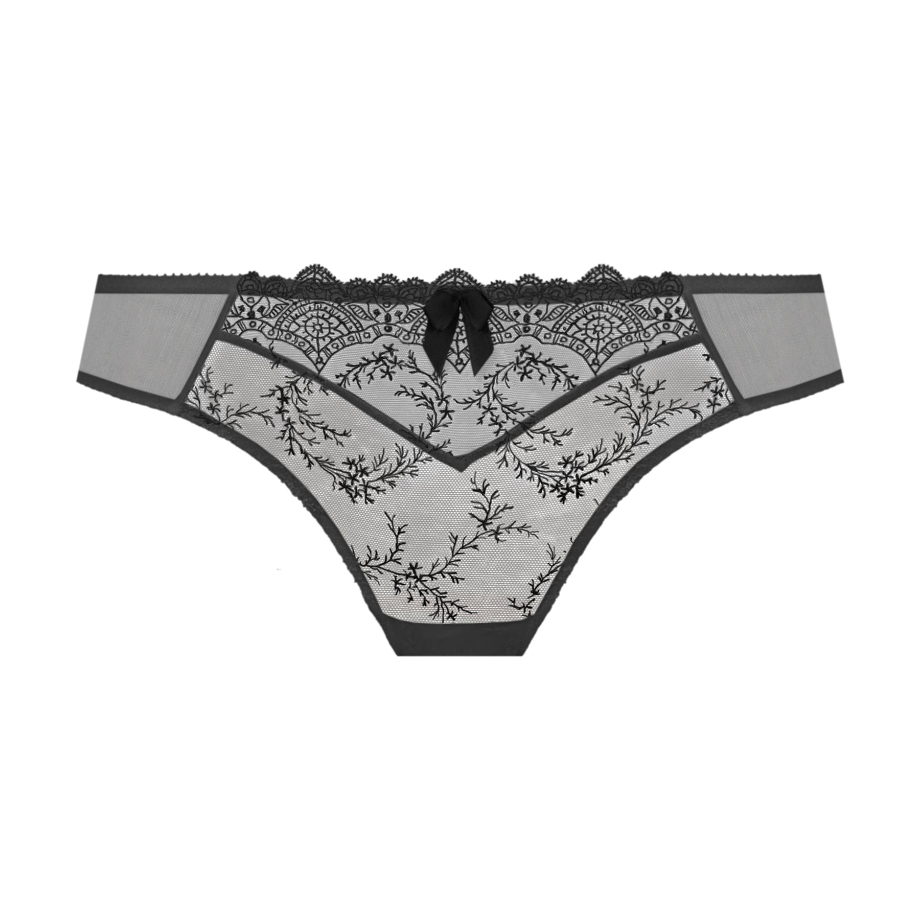 Empreinte louise lace embroidered thong in ombre dark grey. Front view without model.