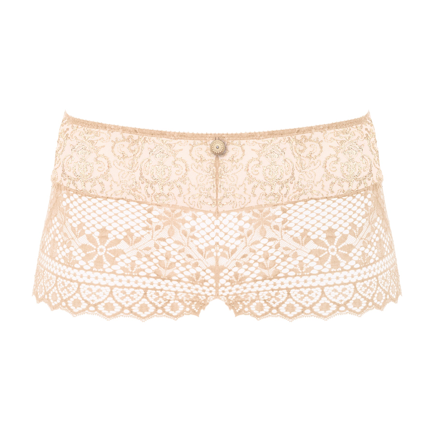 Creamy beige Empreinte Cassiopée lace shorty featuring sheer floral embroidery, geometric lace detailing, and softly scalloped hems.