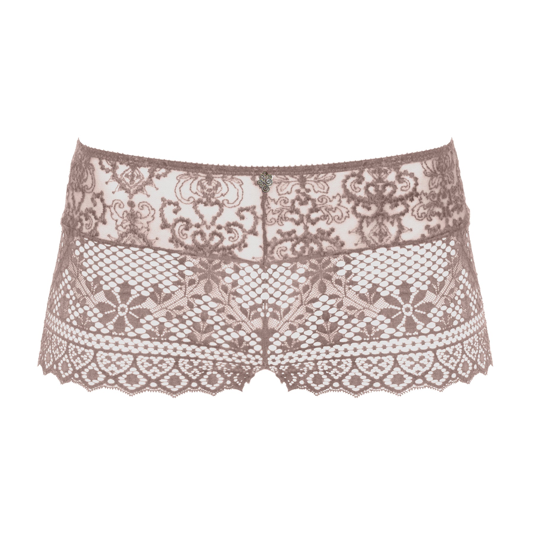 Rose Sauvage Empreinte Cassiopée lace shorty with delicate floral embroidery, semi-sheer geometric lace, and elegant scalloped trim.