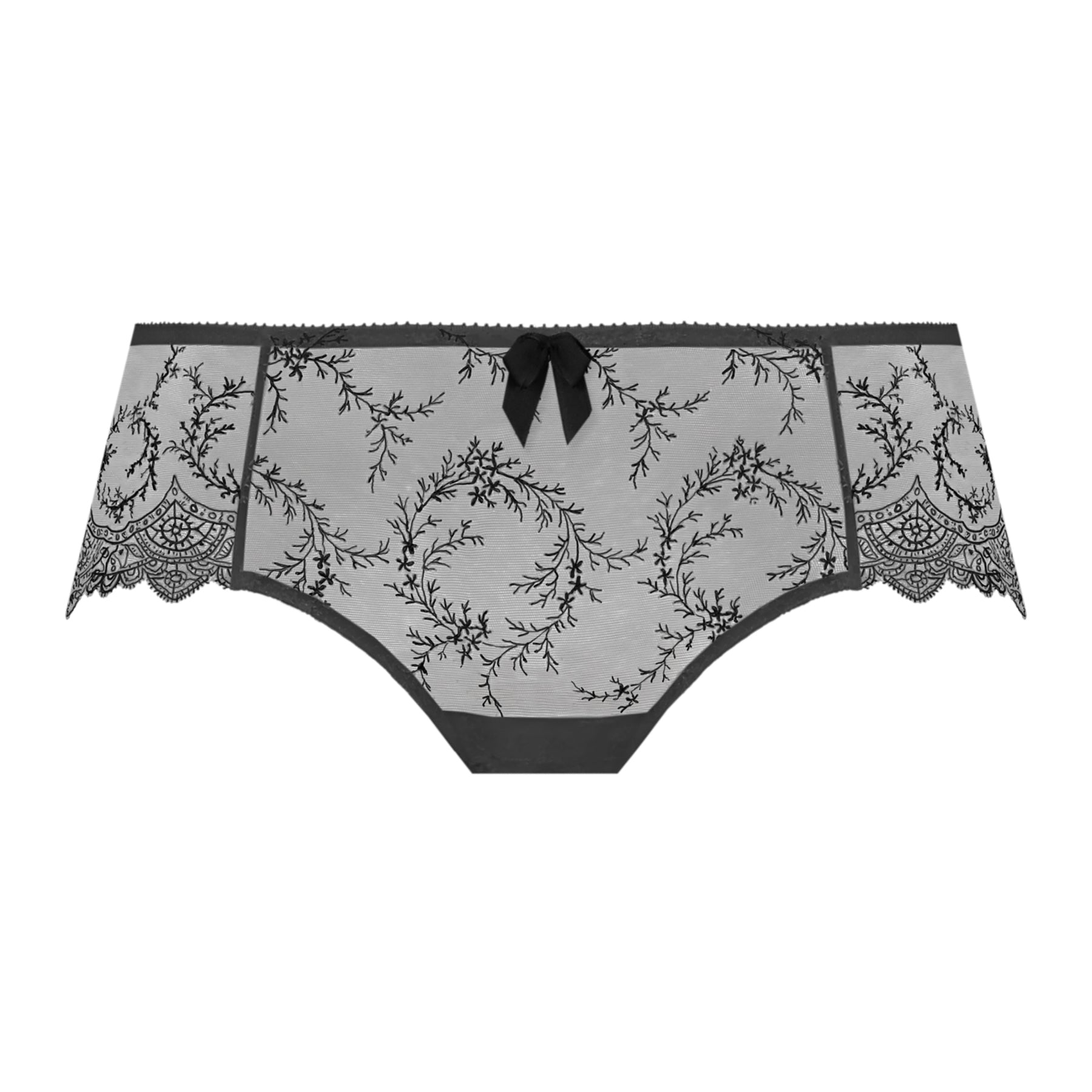 Empreinte louise lace embroidered shorty boyshort in ombre dark grey. Front view without model.