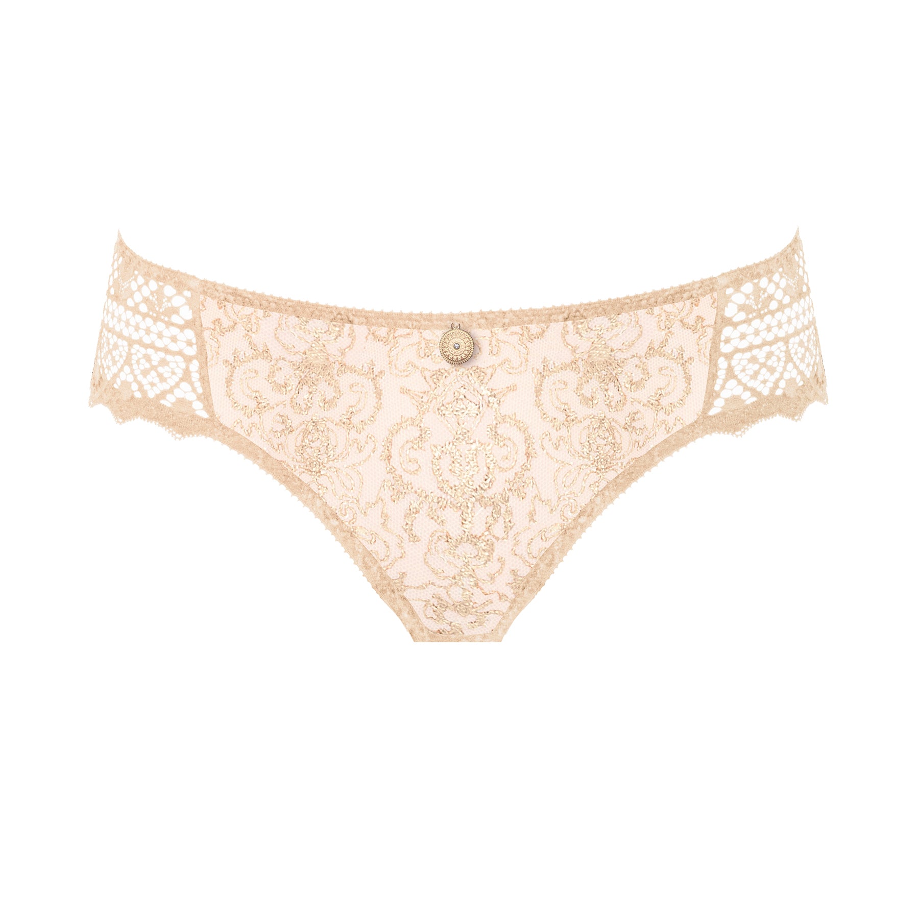 Lace bikini brief with embroidered front and sheer back in creamy beige nude colour. Image without model.