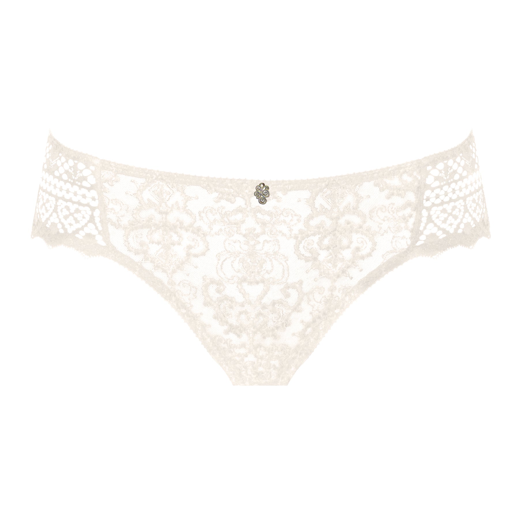 Empreinte Cassiopee bikini brief style 03151 in silk beige lace, front flat lay on white background