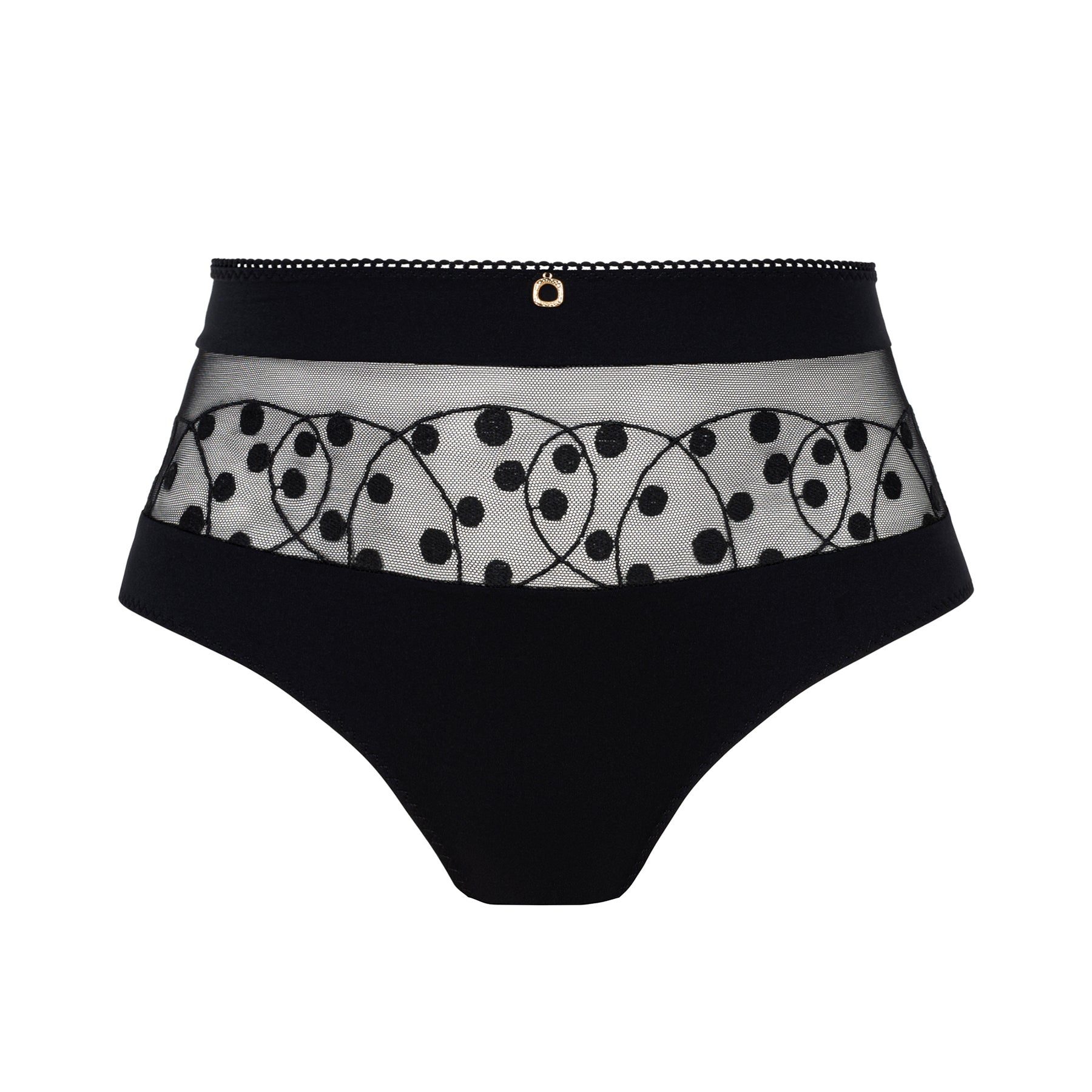 Empreinte Tess Embroidered Full Brief in black – flat lay front with embroidered mesh panel and gold charm