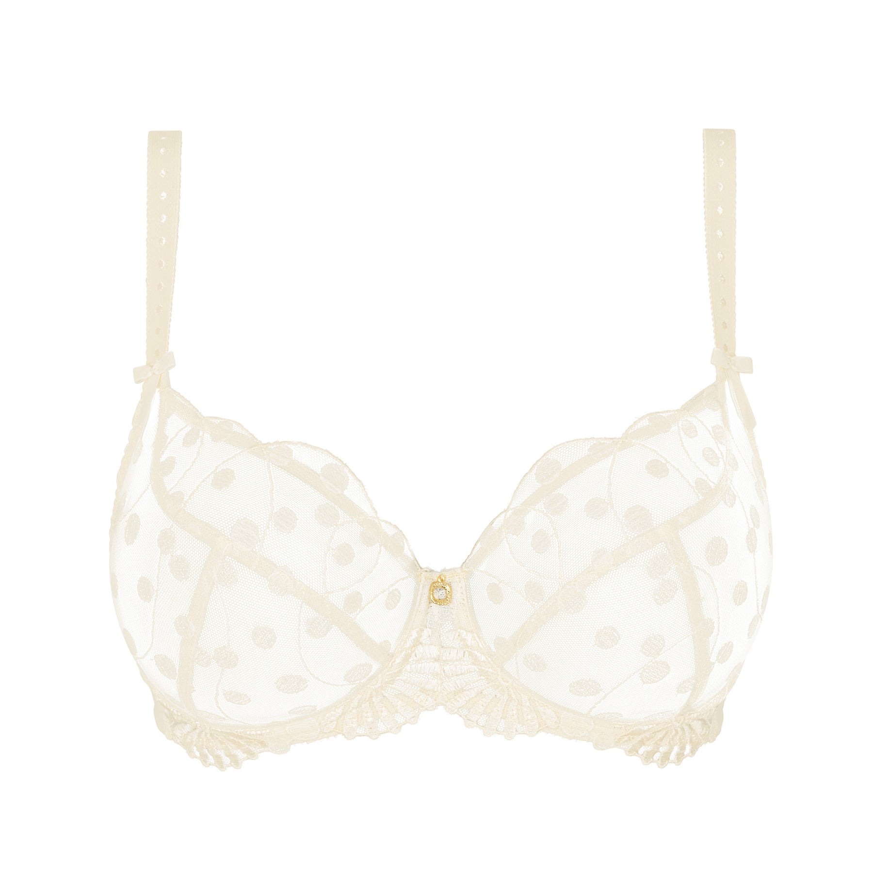 Empreinte Tess 08228 balcony cup underwired bra in cream. Unlined tulle bra with embroidered polka dots. Flat lay without model.