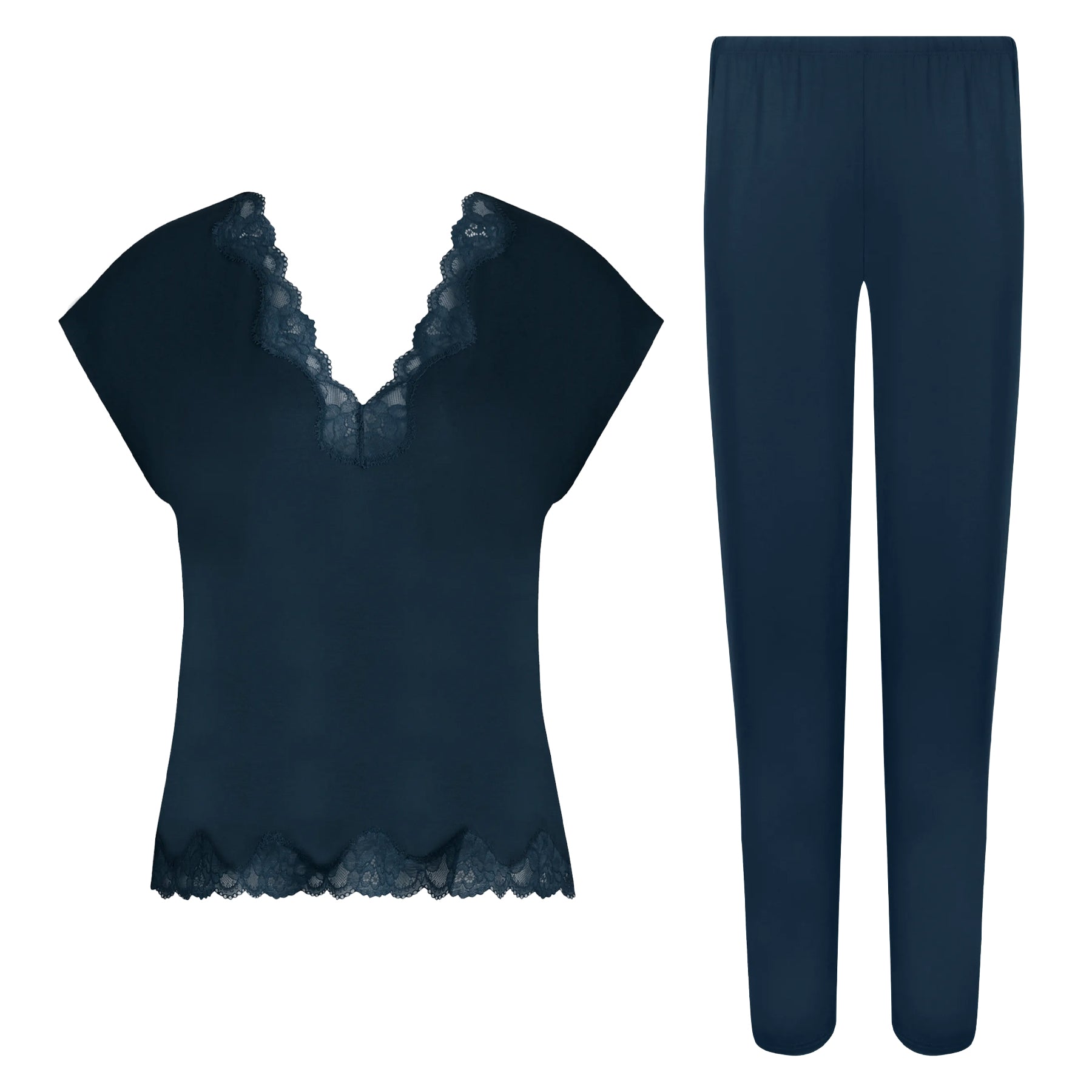Dark teal pajama set with a lace-trimmed V-neck short-sleeve top and matching long pants.