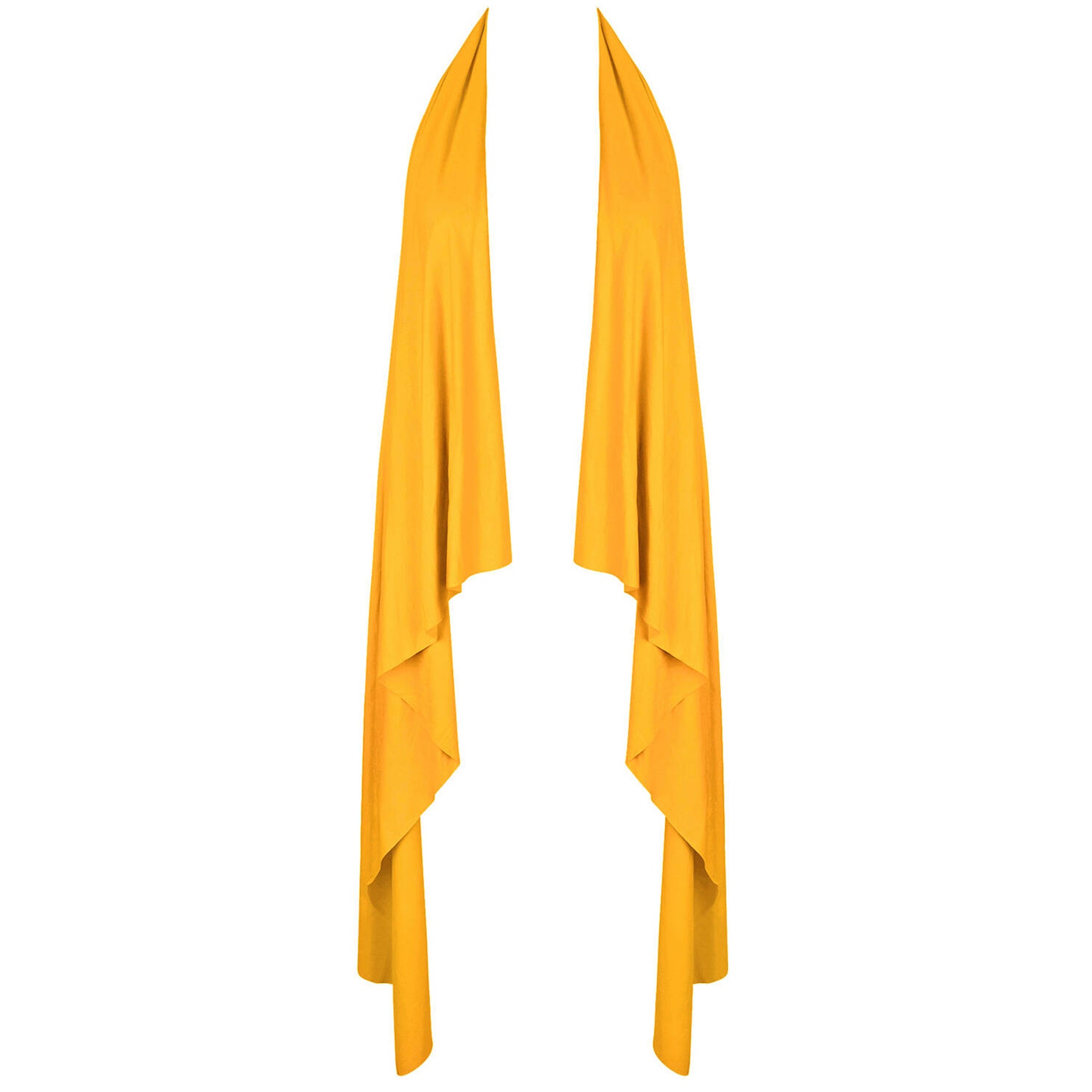 Yellow halterneck beach cover-up shown flat with long draped panels and open front.