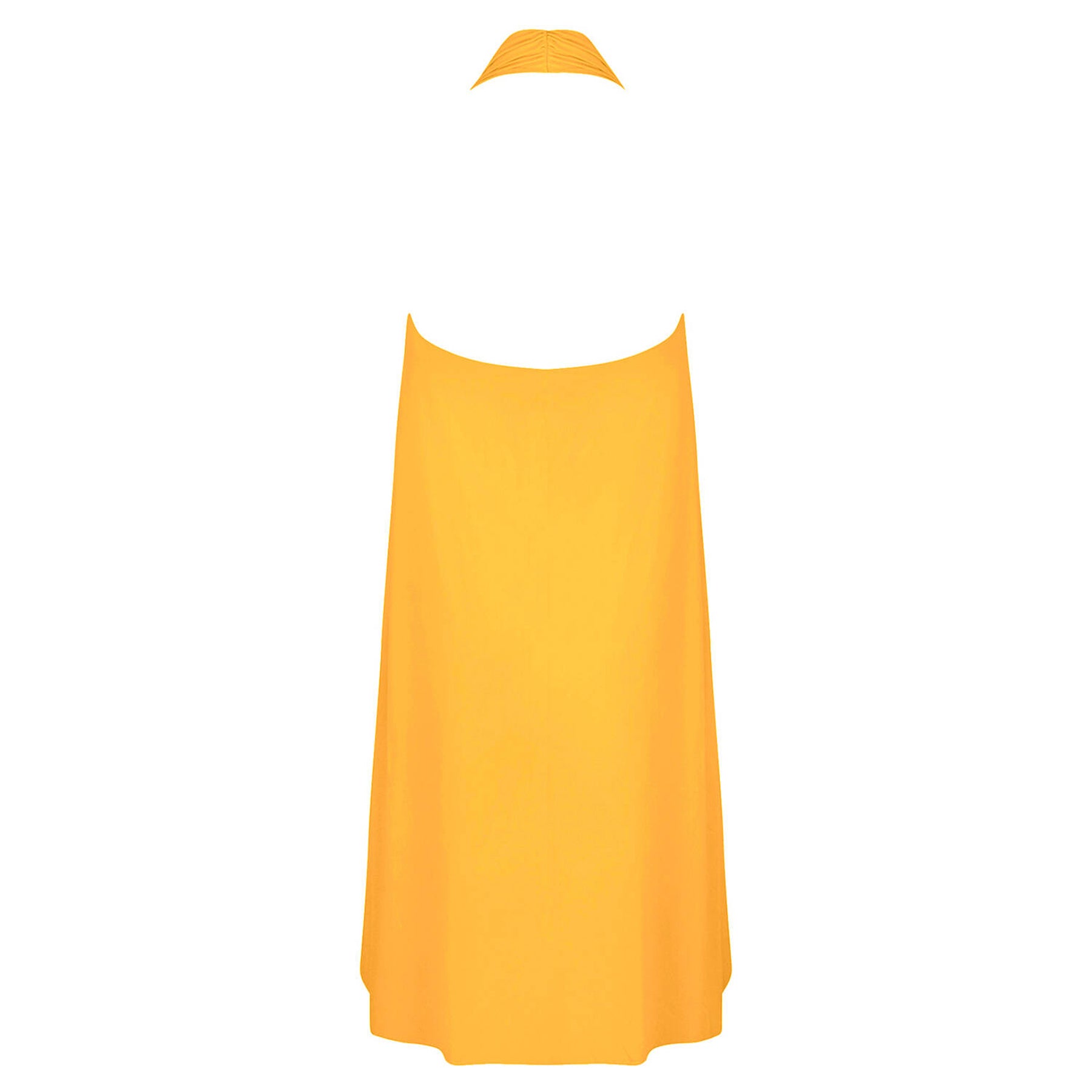 Back view of yellow beach cover-up with smooth flowing fabric and halterneck shape.