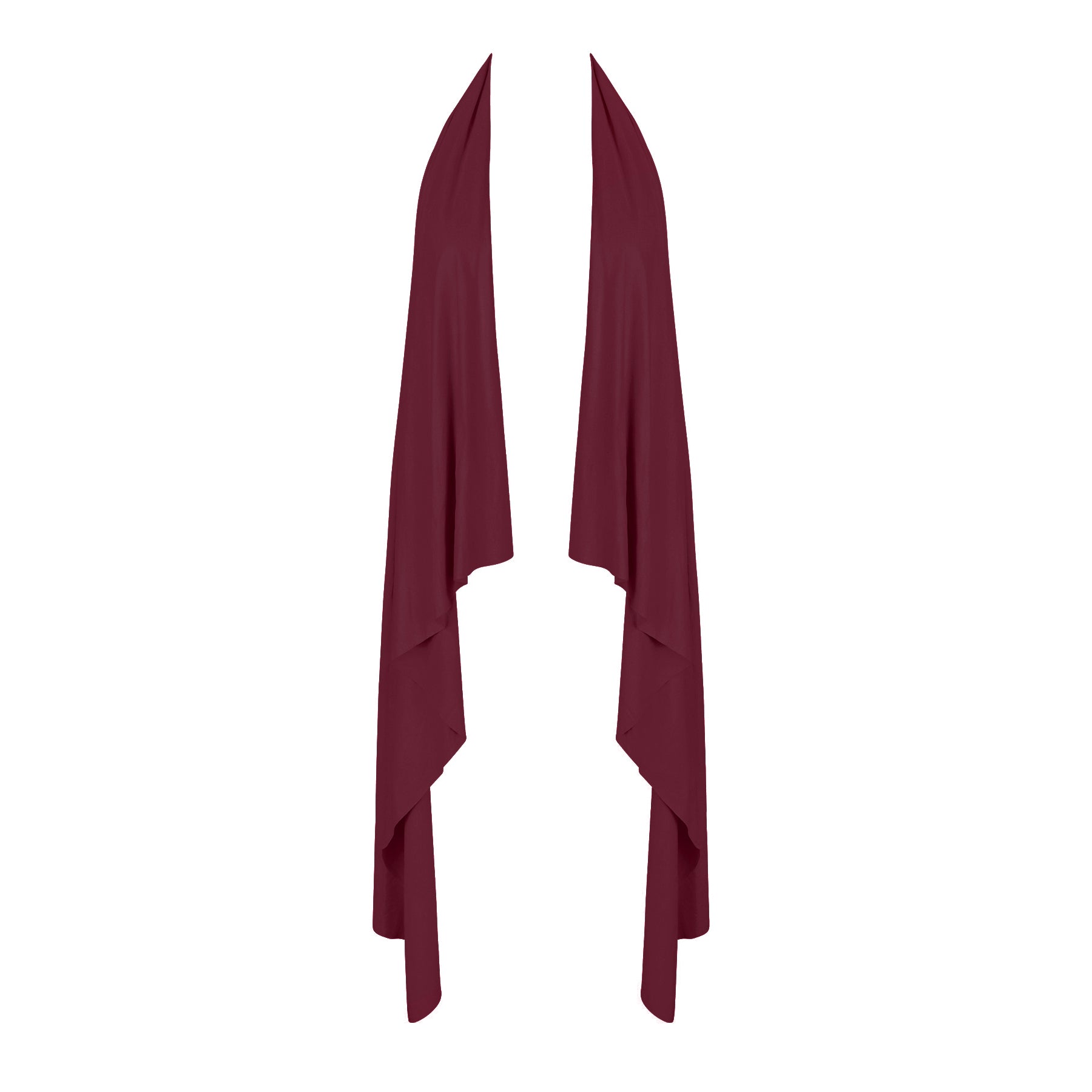 Prune-colour halterneck beach cover-up displayed flat with cascading draped panels.