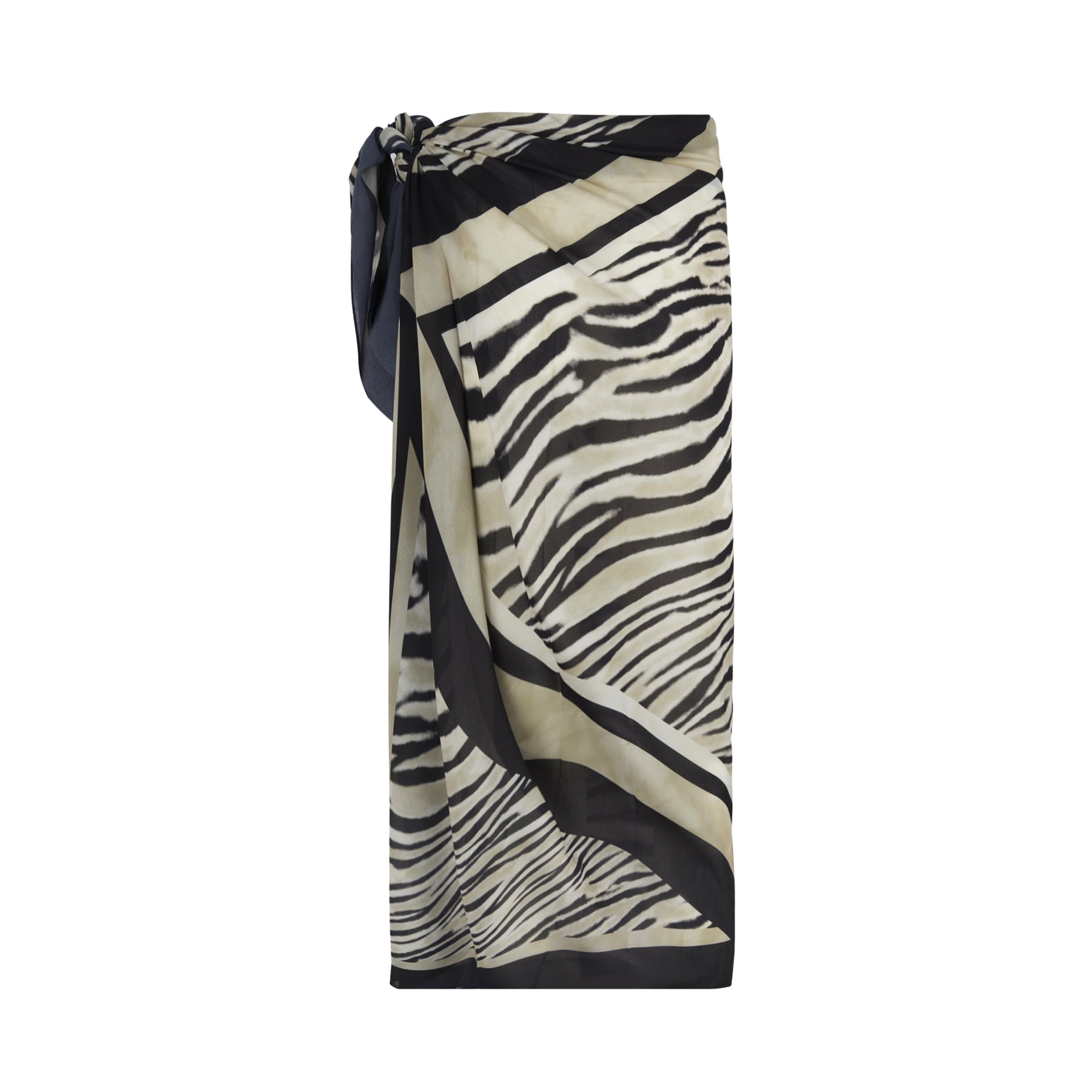 Back view of a zebra-print beach sarong in ivory and black with wrap-style silhouette, photographed on a white background.
