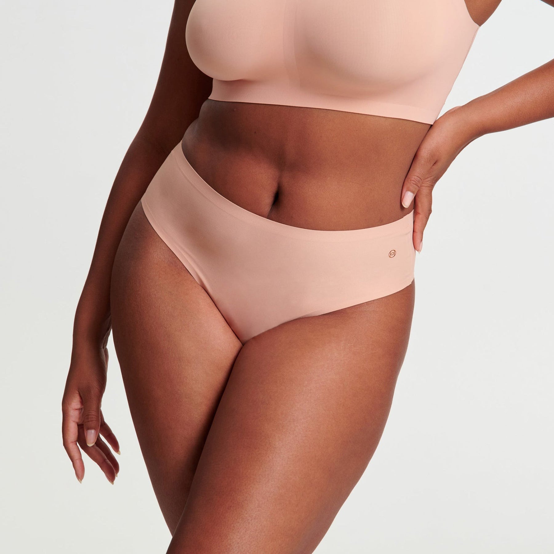 Evelyn & Bobbie high waist seamless thong underwear in Himalayan Salt – front view on model