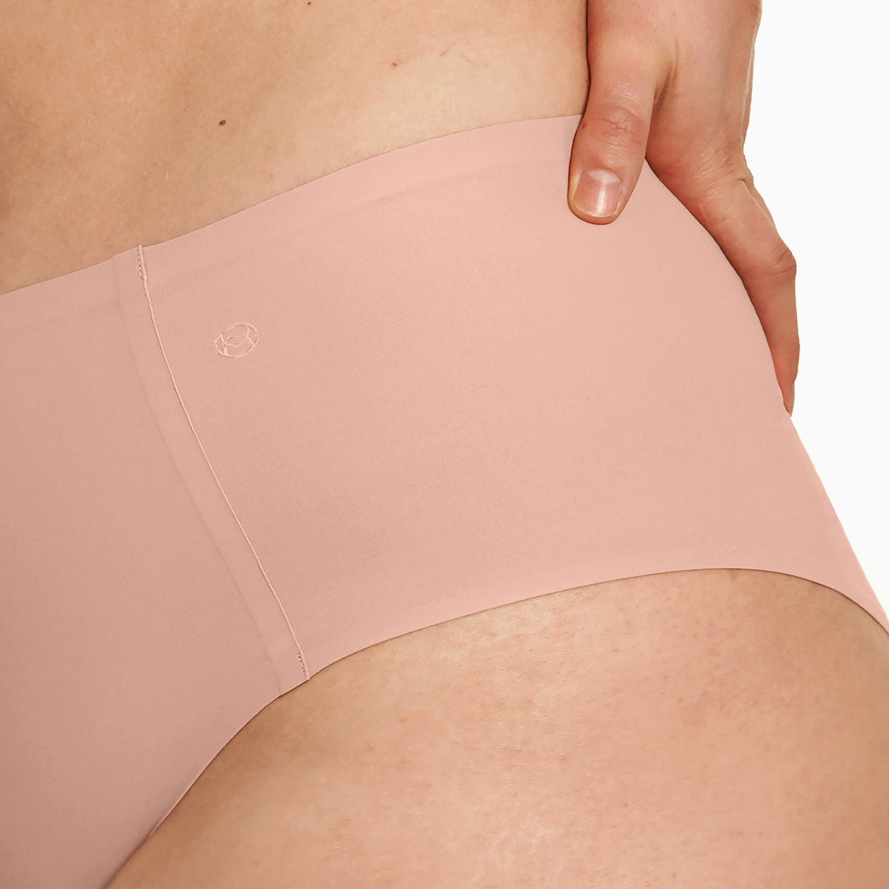 Close-up of Himalayan Salt Evelyn & Bobbie seamless high waist full brief with logo detail