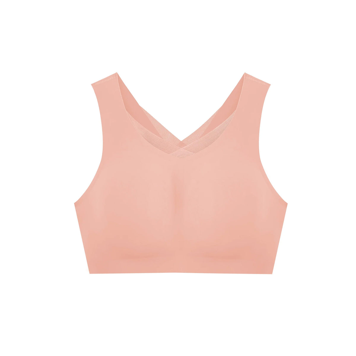Evelyn & Bobbie Defy Wireless Bra Style 1865 in Himalayan Salt pink, featuring a seamless design, wide shoulder straps, V-neckline with mesh trim, and smooth supportive fabric.