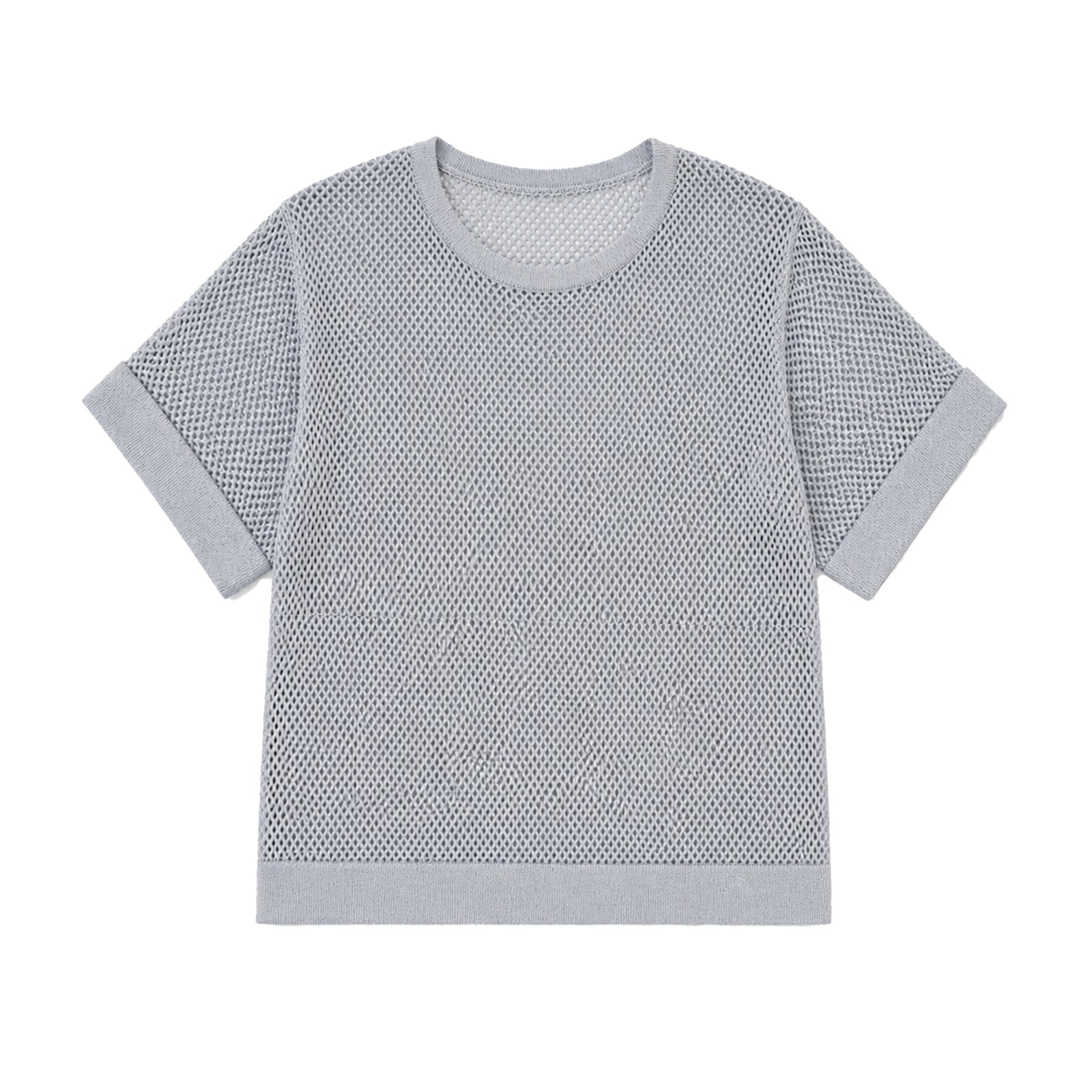 Light blue mesh short sleeve top flat lay on white background, showcasing an open-knit design with ribbed neckline, cuffs, and hem.