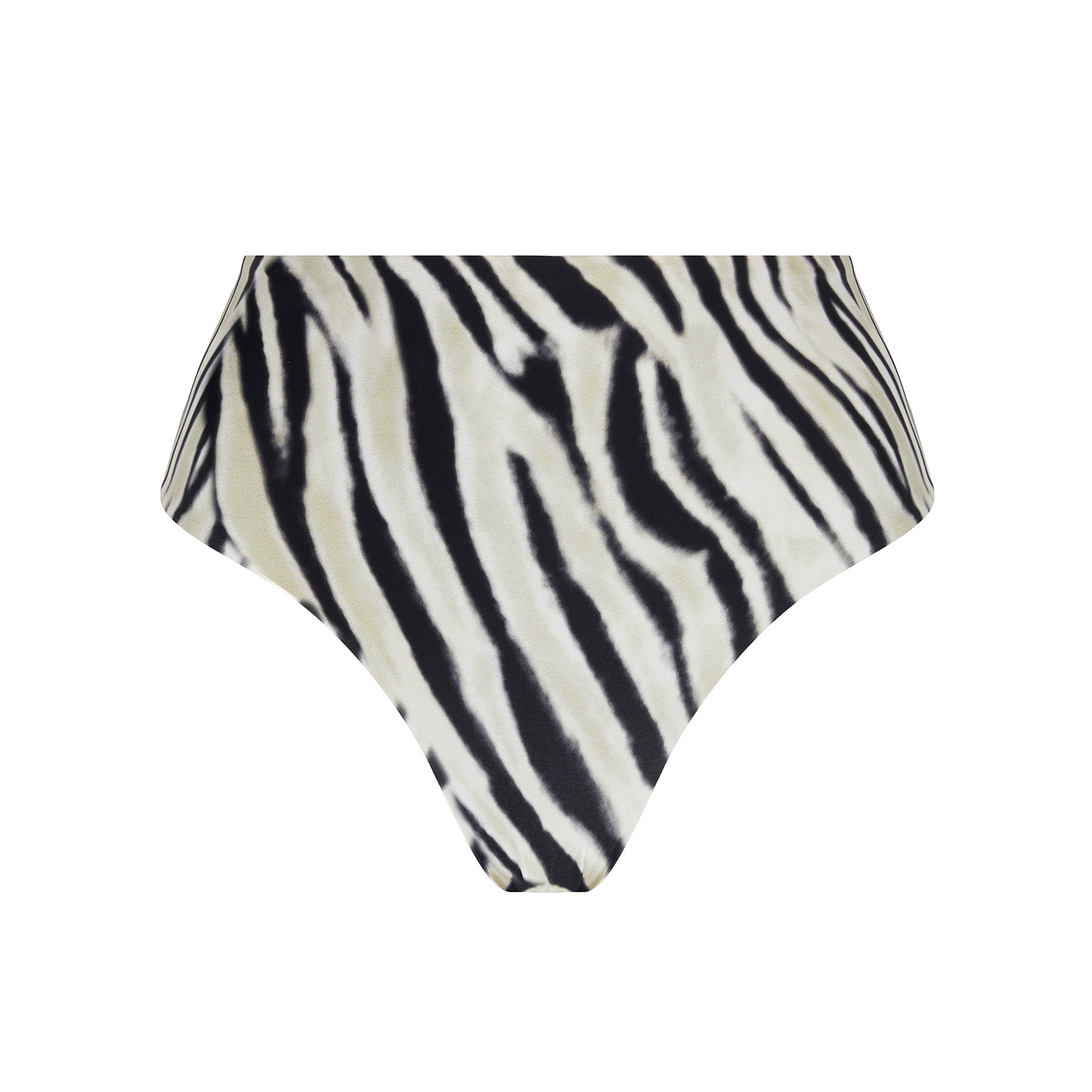 High-waisted zebra-print bikini bottom in ivory and black, photographed flat on a white background.