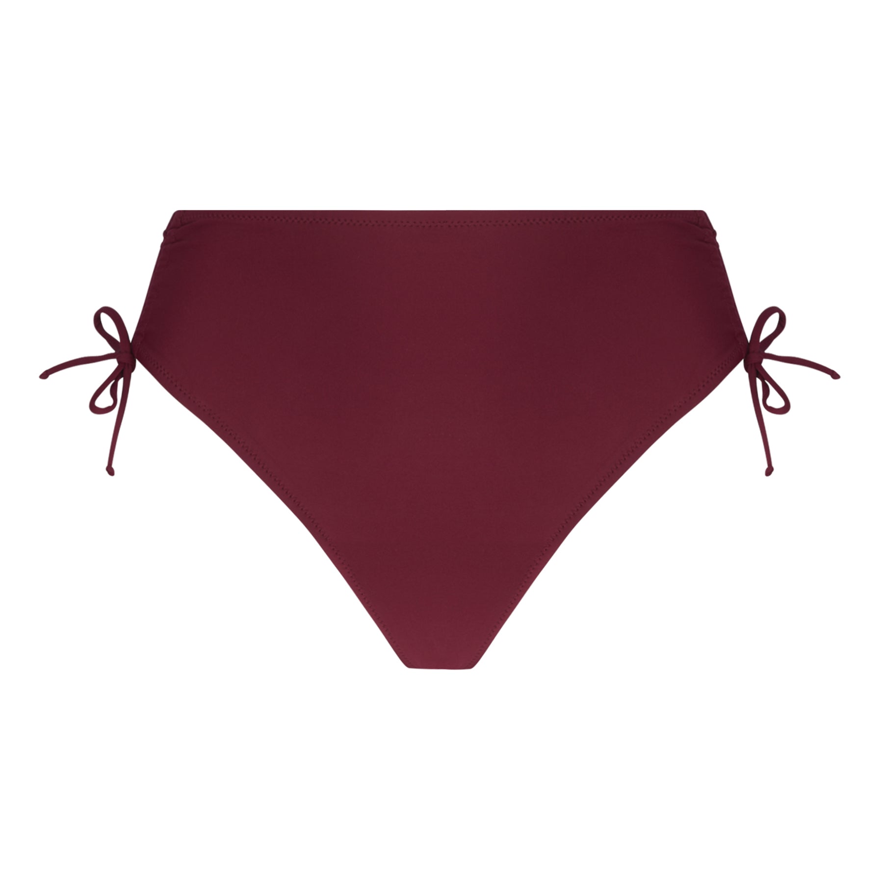 Prune-coloured bikini bottom with a smooth finish and adjustable side tie details on a white background.