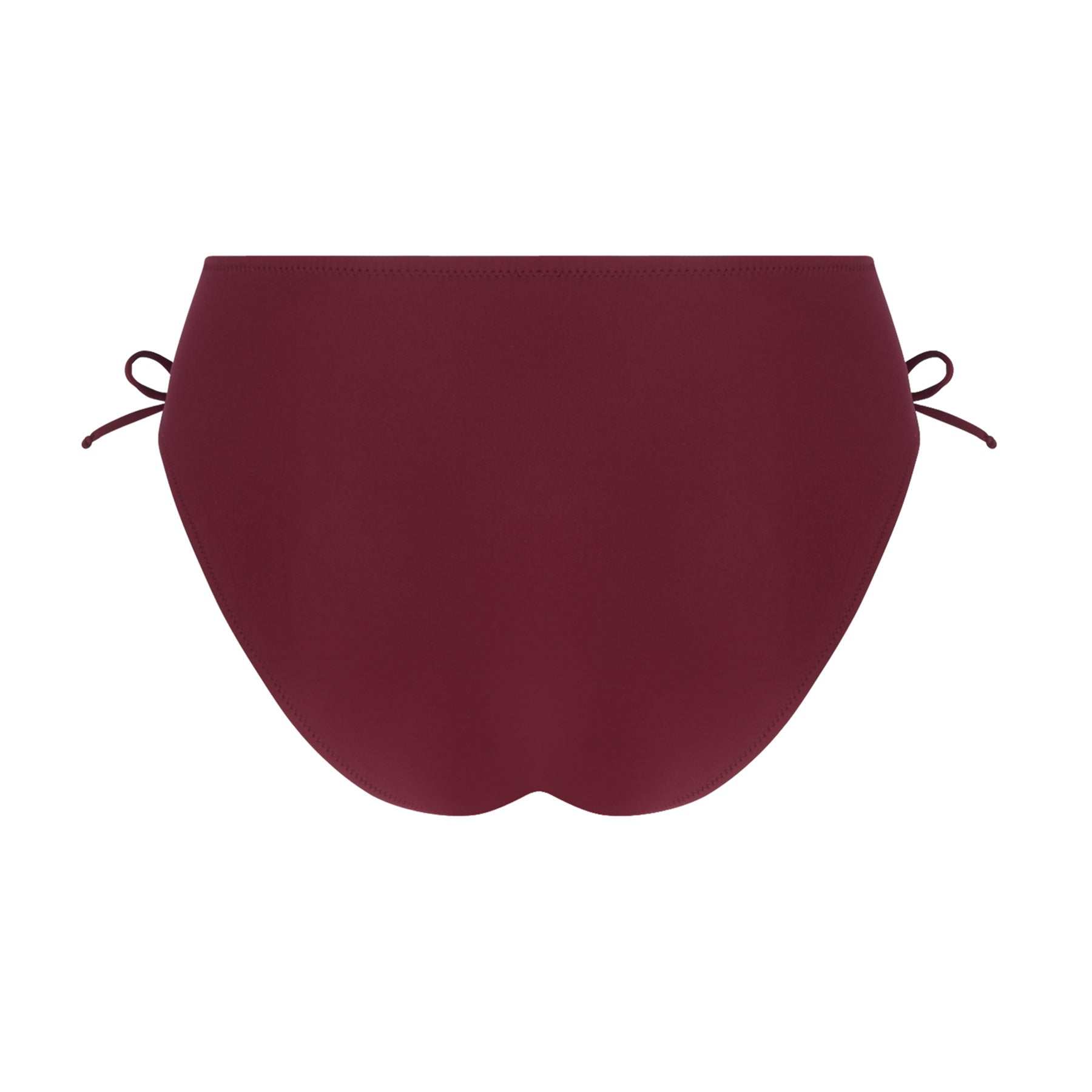 Prune-coloured bikini bottom showing full back coverage and side tie closures on a white background.