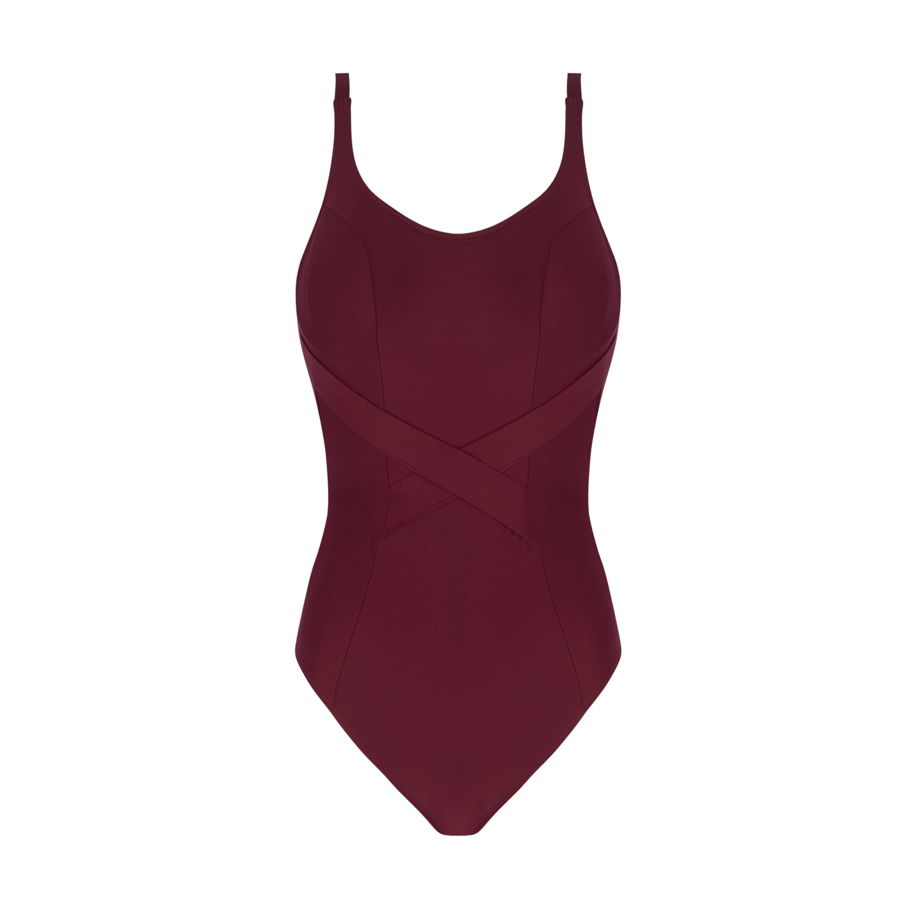 Burgundy one-piece swimsuit with scoop neckline and crisscross shaping panels, front view on white background.