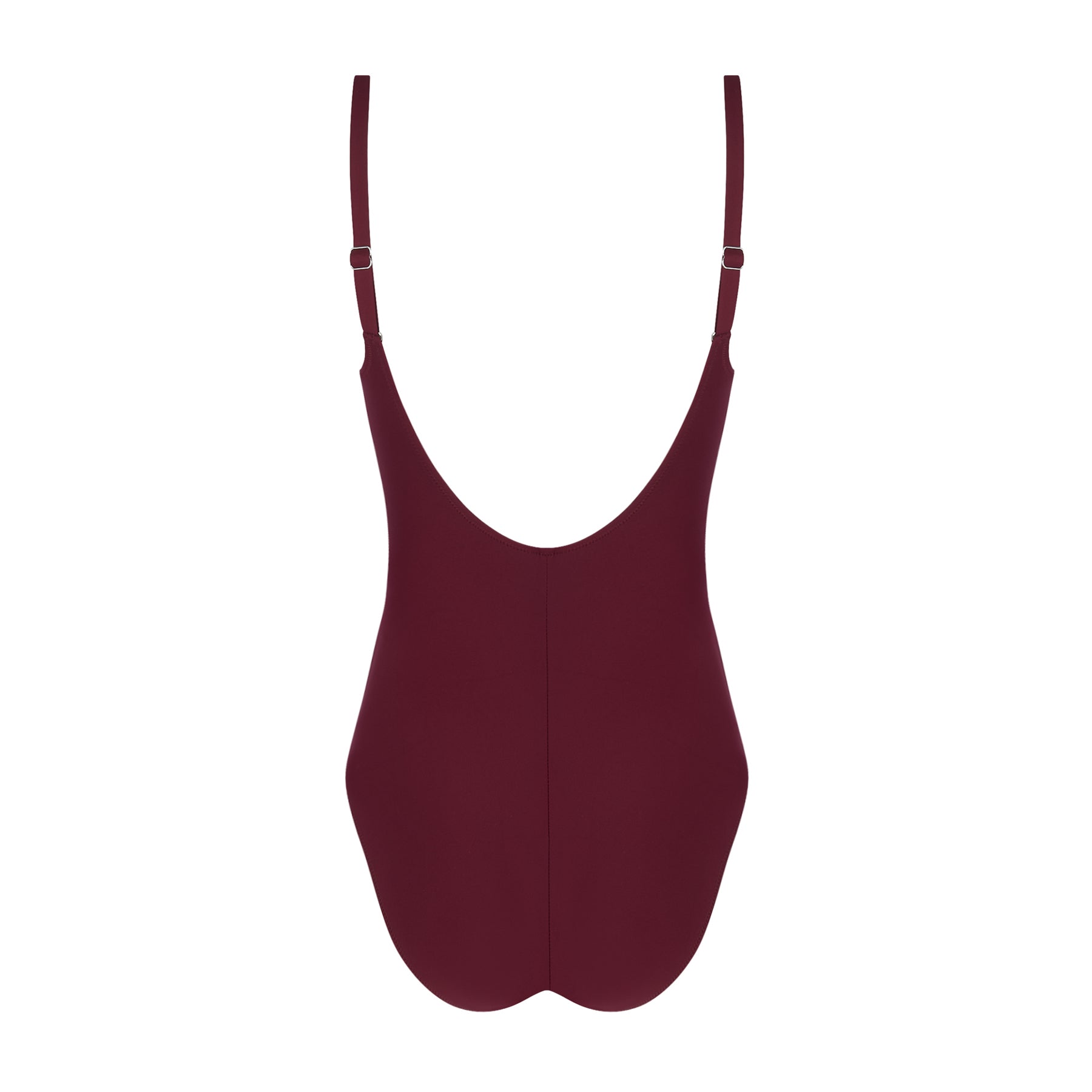 Burgundy one-piece swimsuit with adjustable shoulder straps and scoop back, back view on white background.