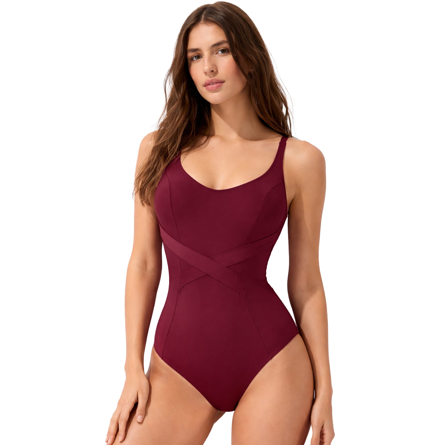 Model wearing a burgundy one-piece swimsuit with sculpting crossover detail and smooth, supportive fit.