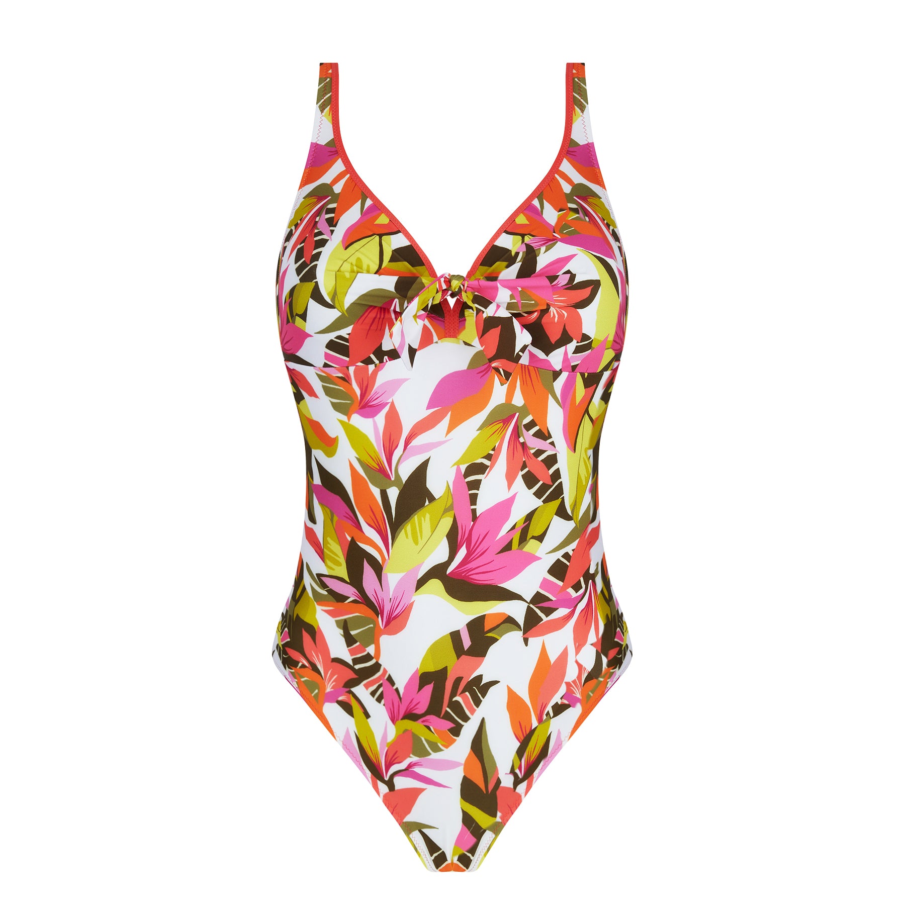 Colorful floral-patterned swimsuit on a white background