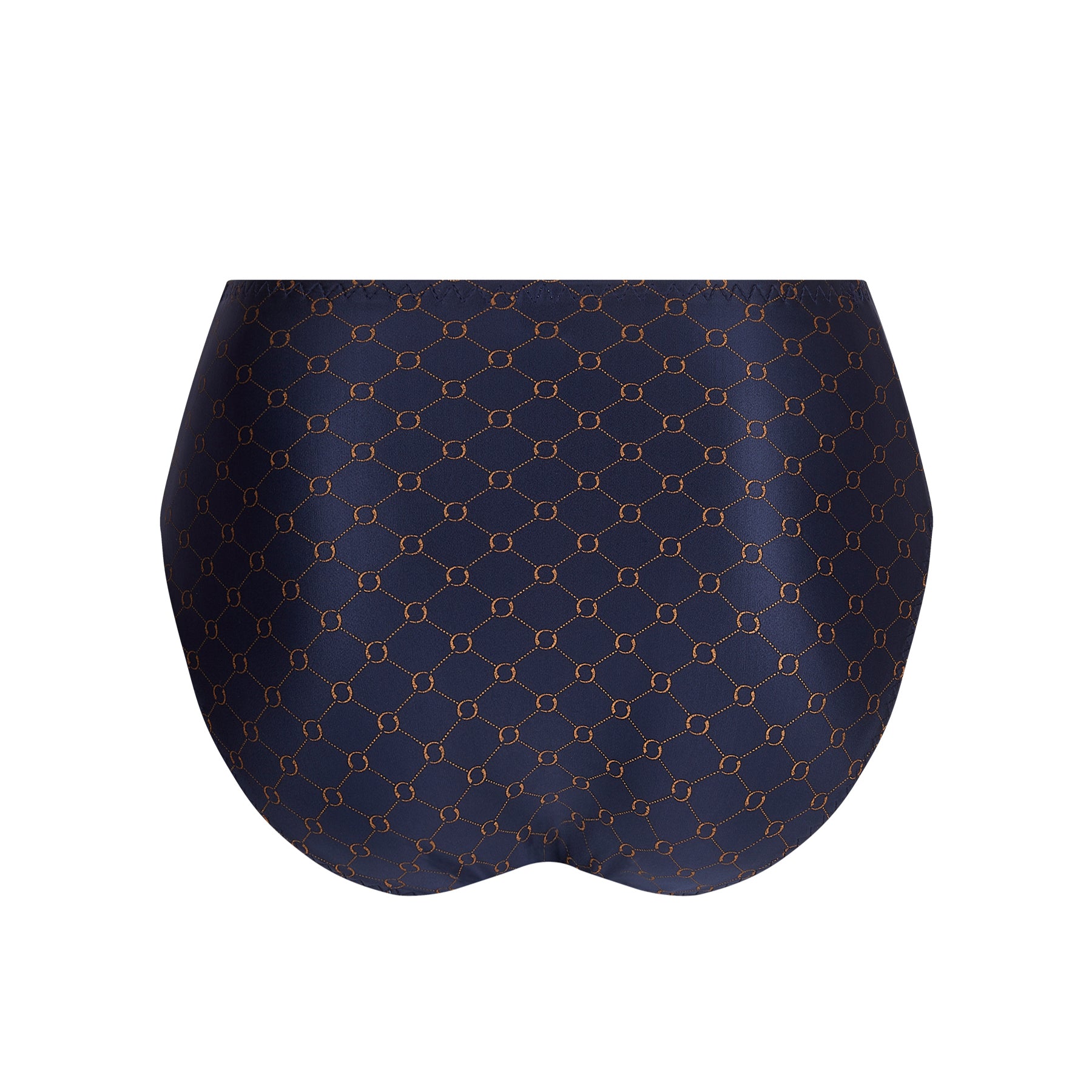 Back view of high-waisted navy brief with copper chain-link embroidery on white background.