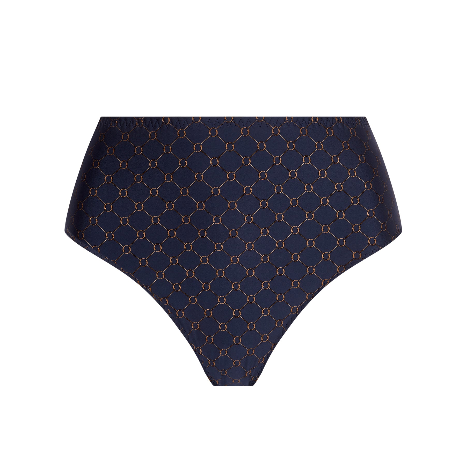 Front view of navy high-waisted brief featuring copper geometric embroidery on white background.