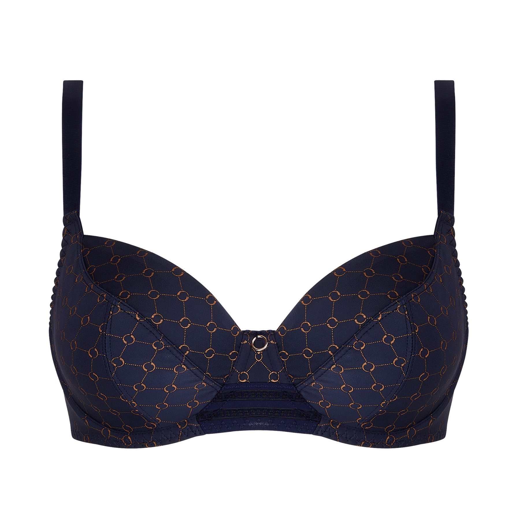 Front view of navy padded bra with copper chain-link embroidery and central gold ring detail.