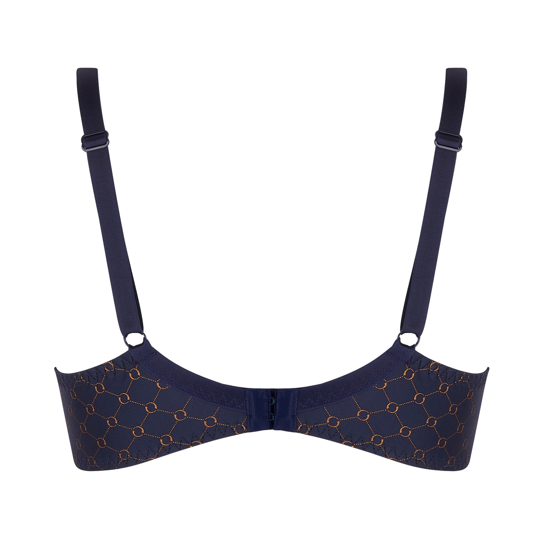 Back view of navy bra featuring adjustable straps and copper chain-link embroidery.