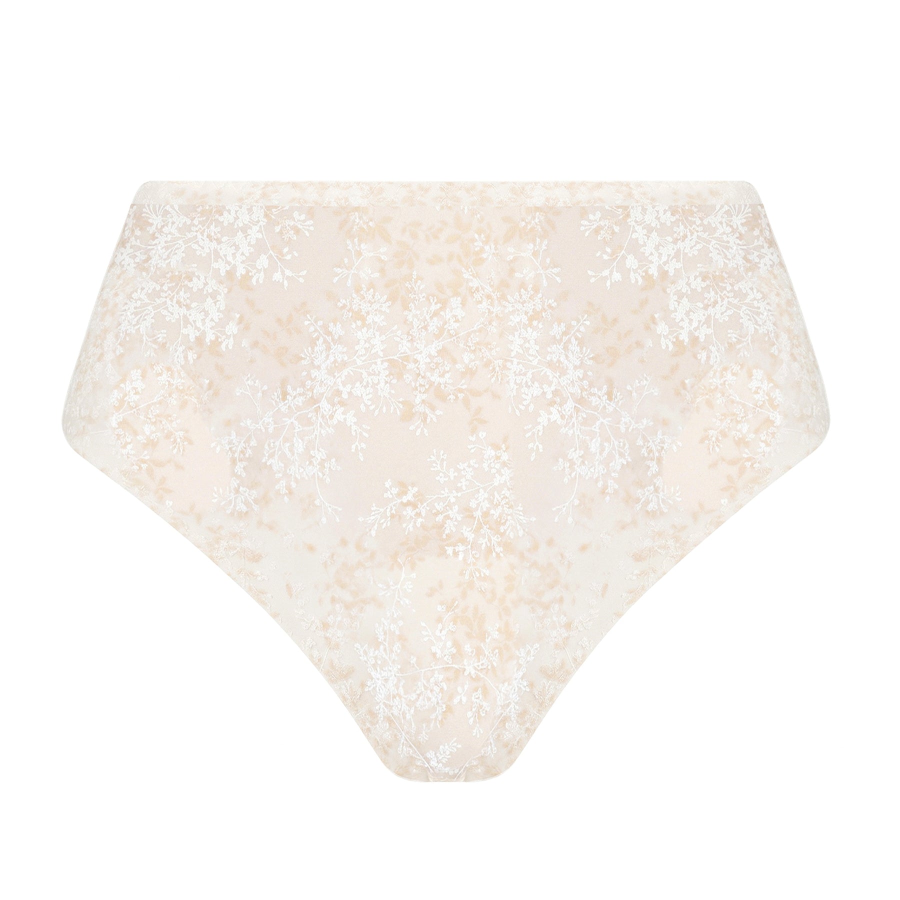 Front view of Antigel high-waist brief in ivory and beige with a soft floral print and flattering high-rise design.