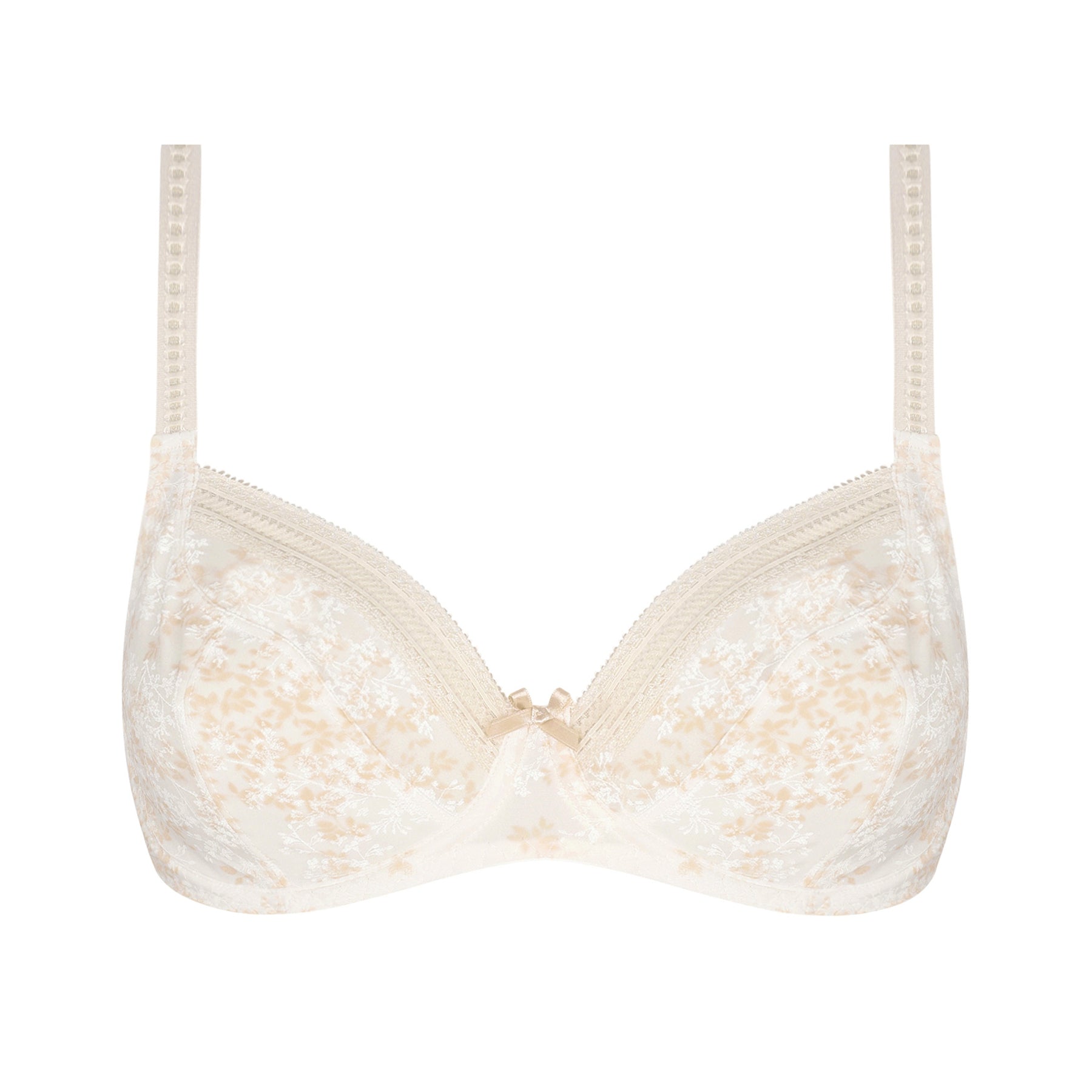 Antigel underwire bra in ivory and beige floral print featuring supportive cups, delicate lace trim, and elegant feminine styling.