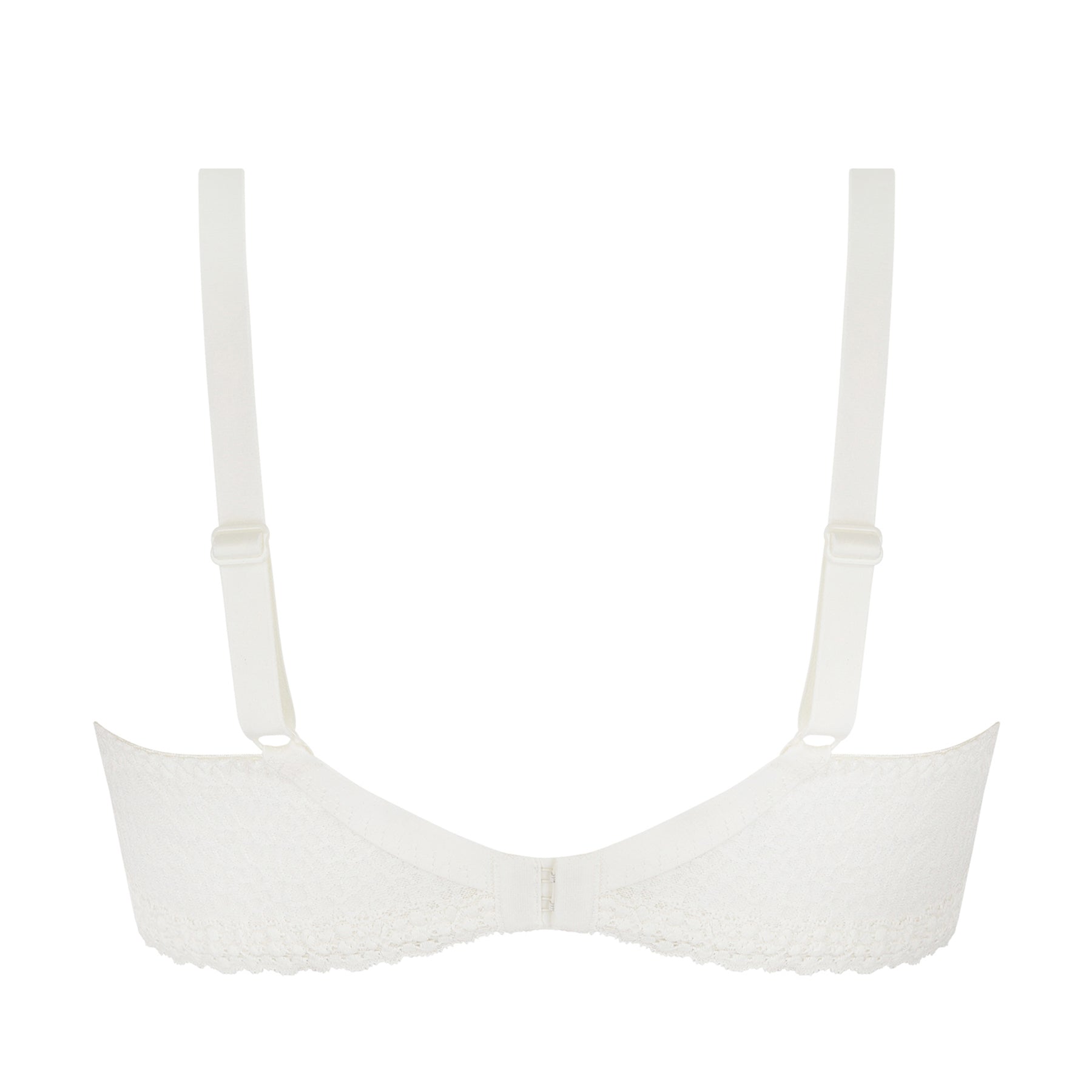 Back view of ivory lace wireless bra with adjustable straps and scalloped lace band
